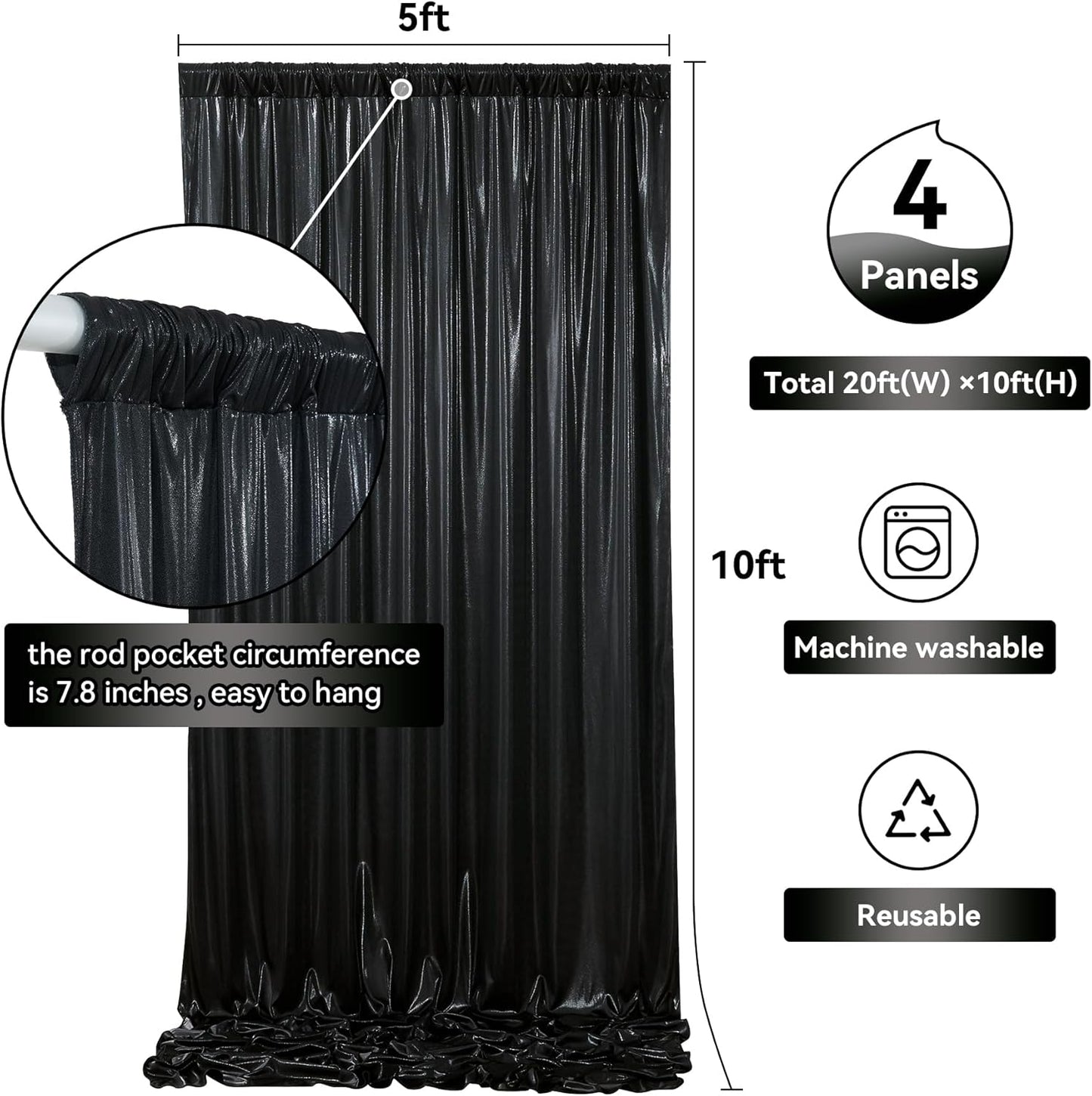 20ftx10ft Black Sequin Backdrop Curtain Panels for Parties, Wrinkle Free Glitter Photo Backdrop Drapes 4 Panels 5x10FT Shiny Back Drop Cloth for Wedding Birthday Christmas Photography Background