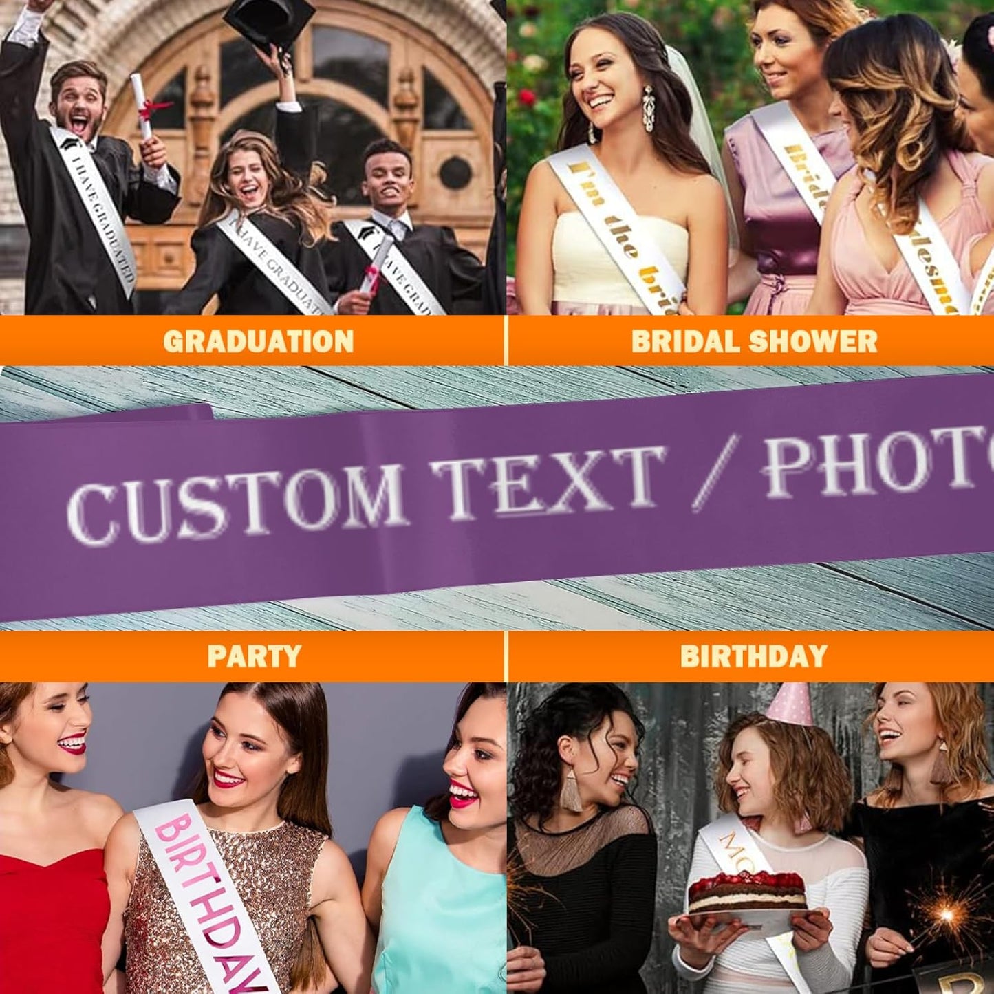 Custom Sash,Personalized Birthday Sash with Text Photo,Customized Bachelorette Sash Quote Sash Bride to Be Sash Color Optional (No decorative edge, Purple)