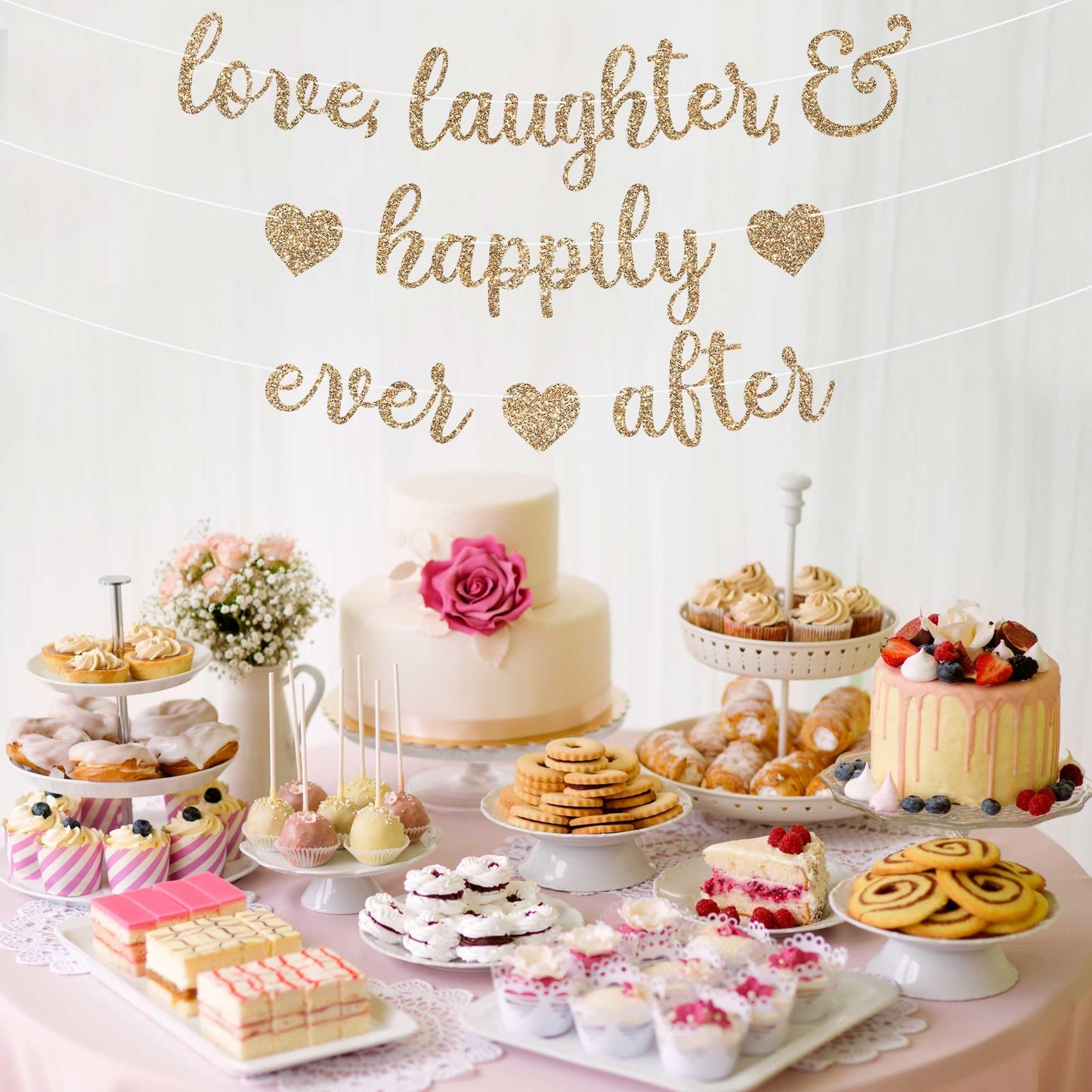 Pre-Strung Love Laughter & Happily Ever After Banner - Gold Bridal Banner