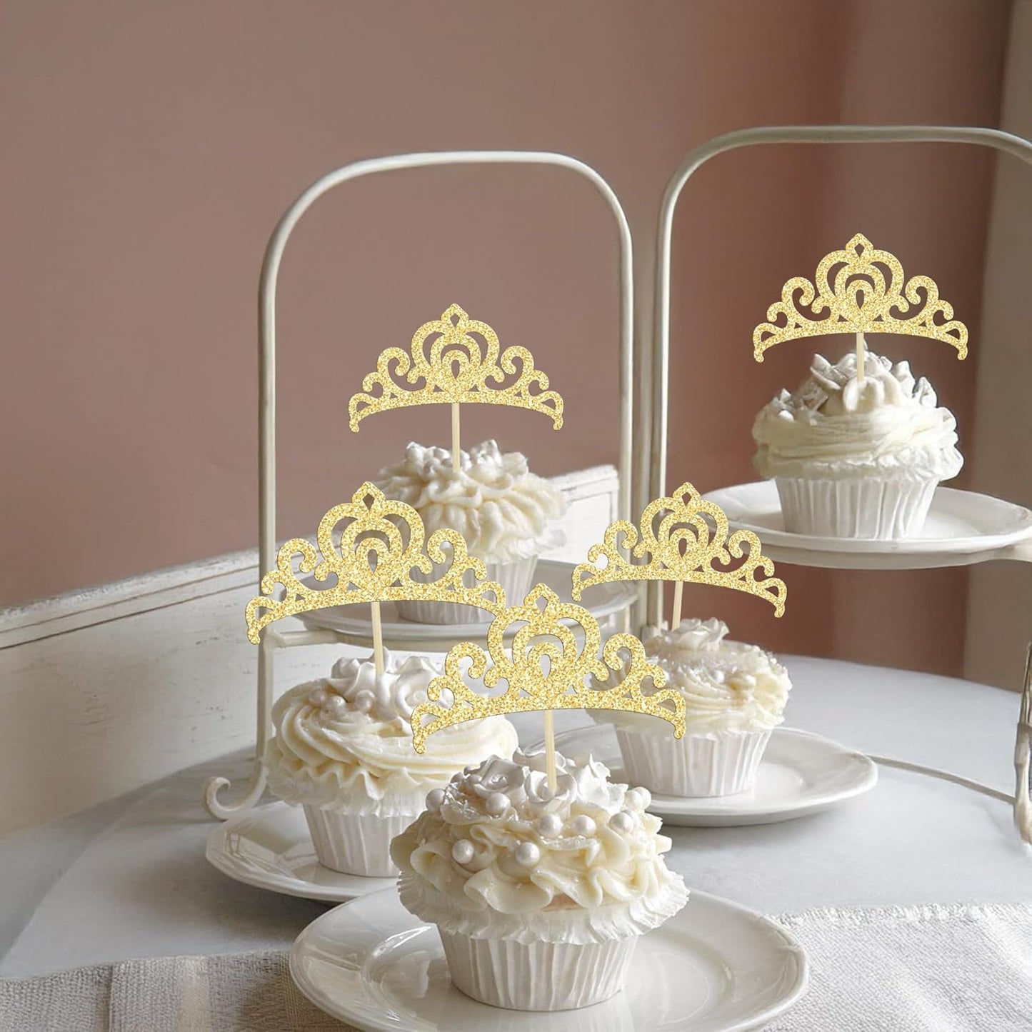 Gyufise 24Pcs Gold Princess Crown Cupcake Toppers Glitter Princess Cake Pick Decorations for Wedding Girl Birthday Baby Shower Party Decorations Light Gold