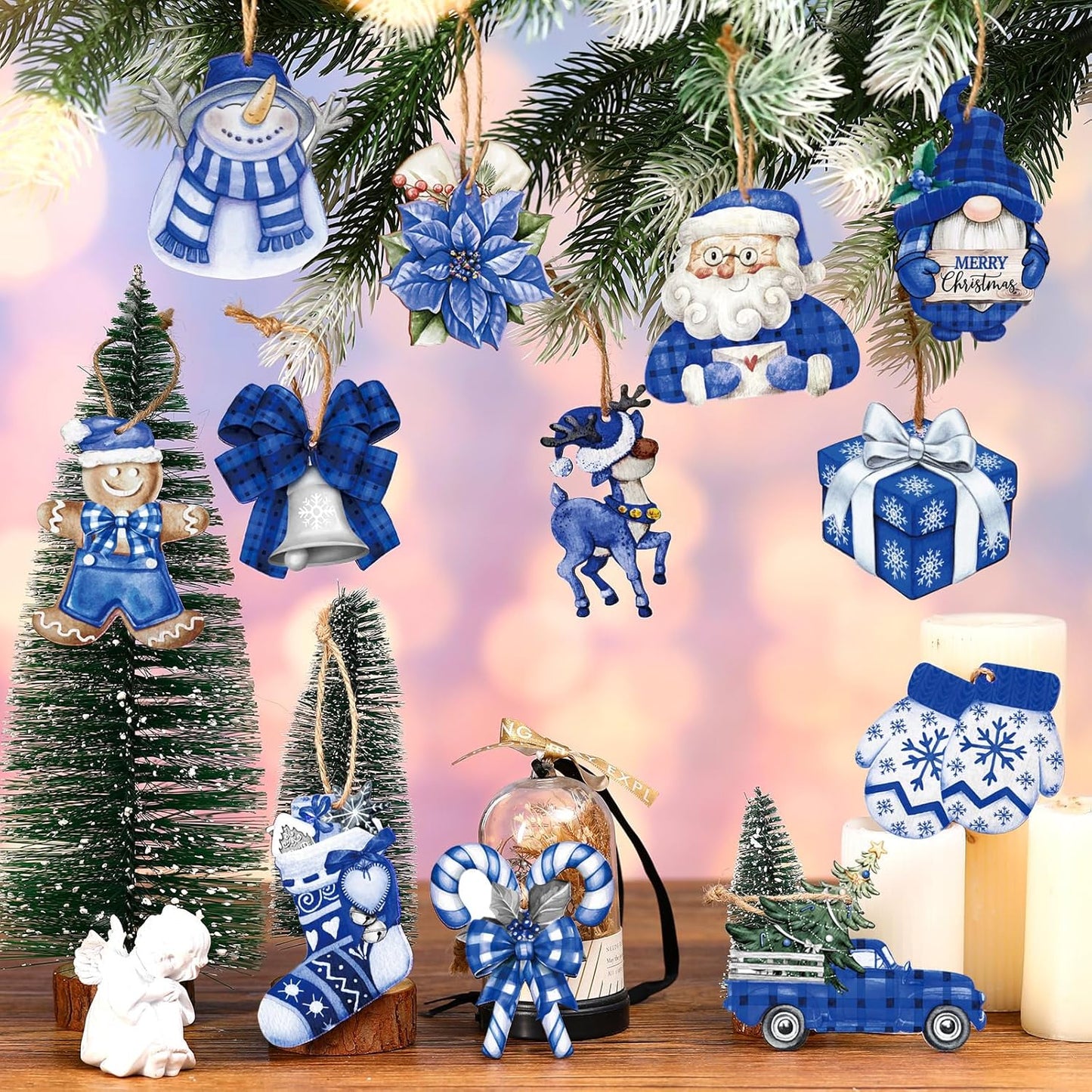 Suzile 36 Pcs Christmas Wooden Ornaments Blue Christmas Ornaments for Tree Vintage Winter Tree Decorations Xmas Hanging Wood Cutouts Decor for Farmhouse Home Winter Holiday Party Wreaths