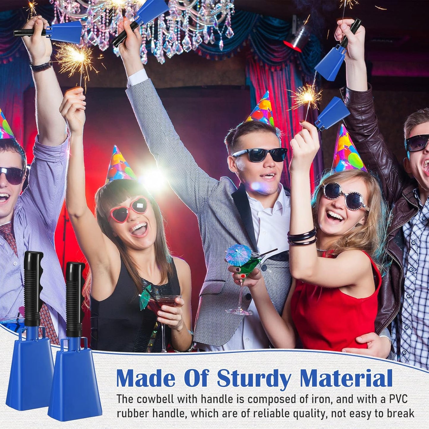 Pelopy 12 Pcs Large Cow Bell 9 '' Cowbell with Handle Cowbells for Sporting Events Hand Percussion Cheering Bell Chimes for Football Game, Alarm Loud Noise Makers, Musical Instrument(Blue)