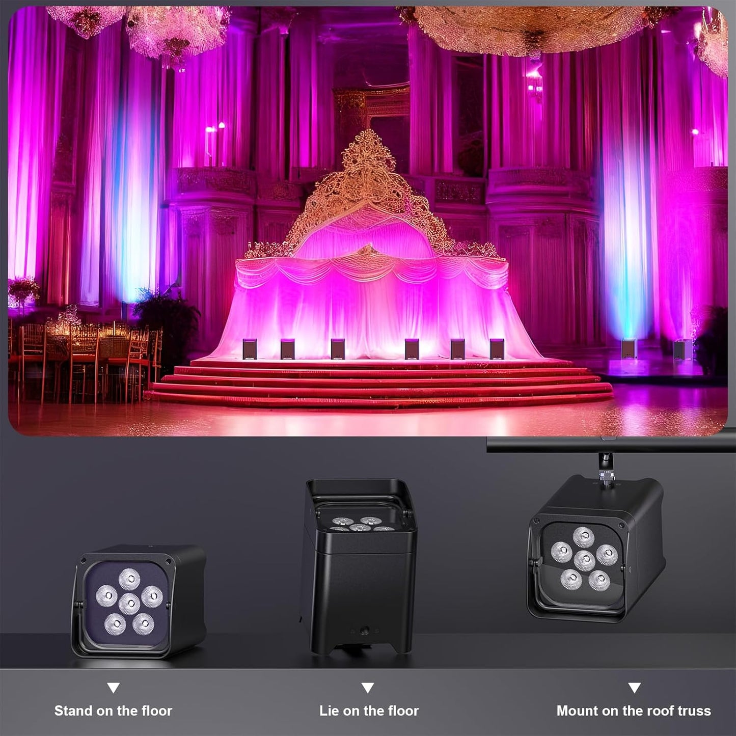 9600mAh Wireless Uplights, 6x18W RGBWA UV Rechargeable Stage Lights, APP/DMX512/Remote Controlled Par Lights, Battery Powered Uplights for Show, Party, Festival, Event, 6 Pack