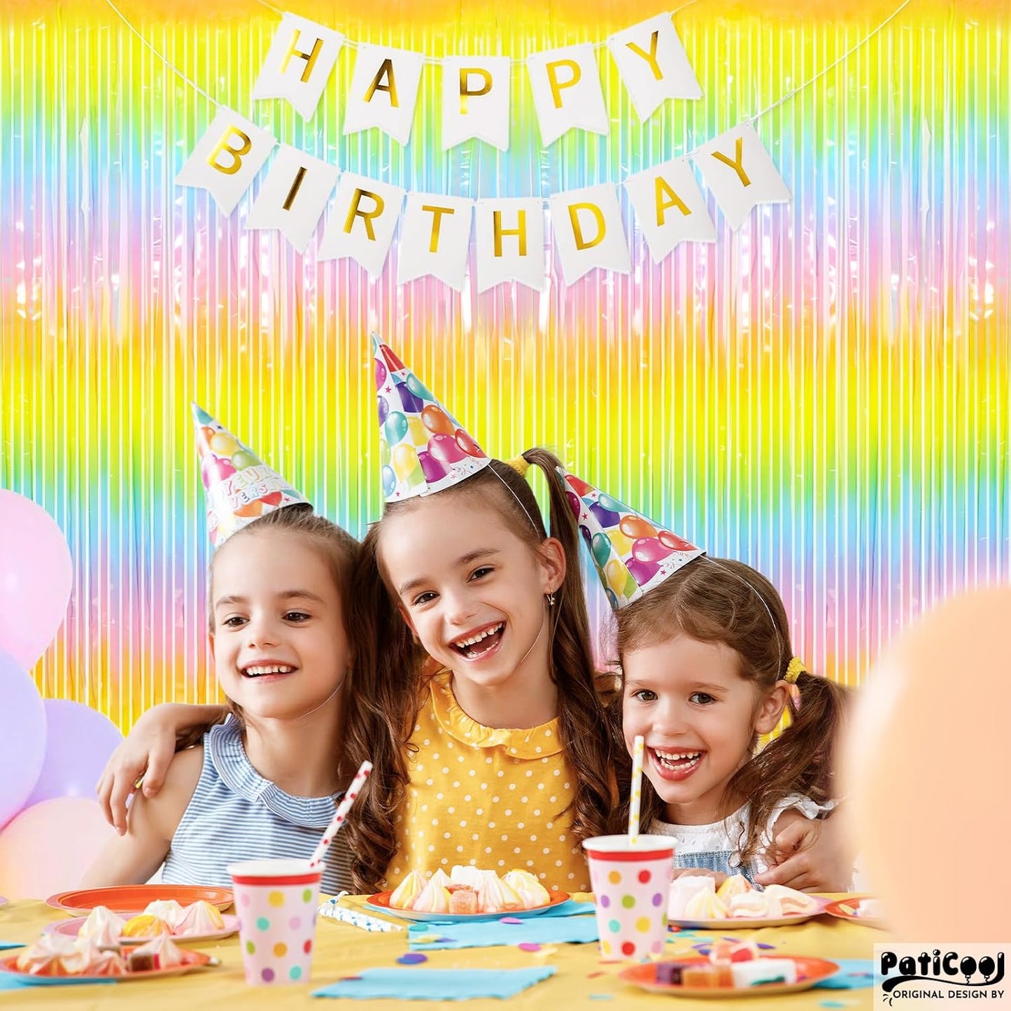 Easter Decorations Pastel Rainbow Streamers - Thicken 4 Pack 3.2 x 8.2 FT - Pastel Rainbow Foil Fringe Curtains, Pastel Backdrop for Birthday, Baby Shower, Spring Party Decorations