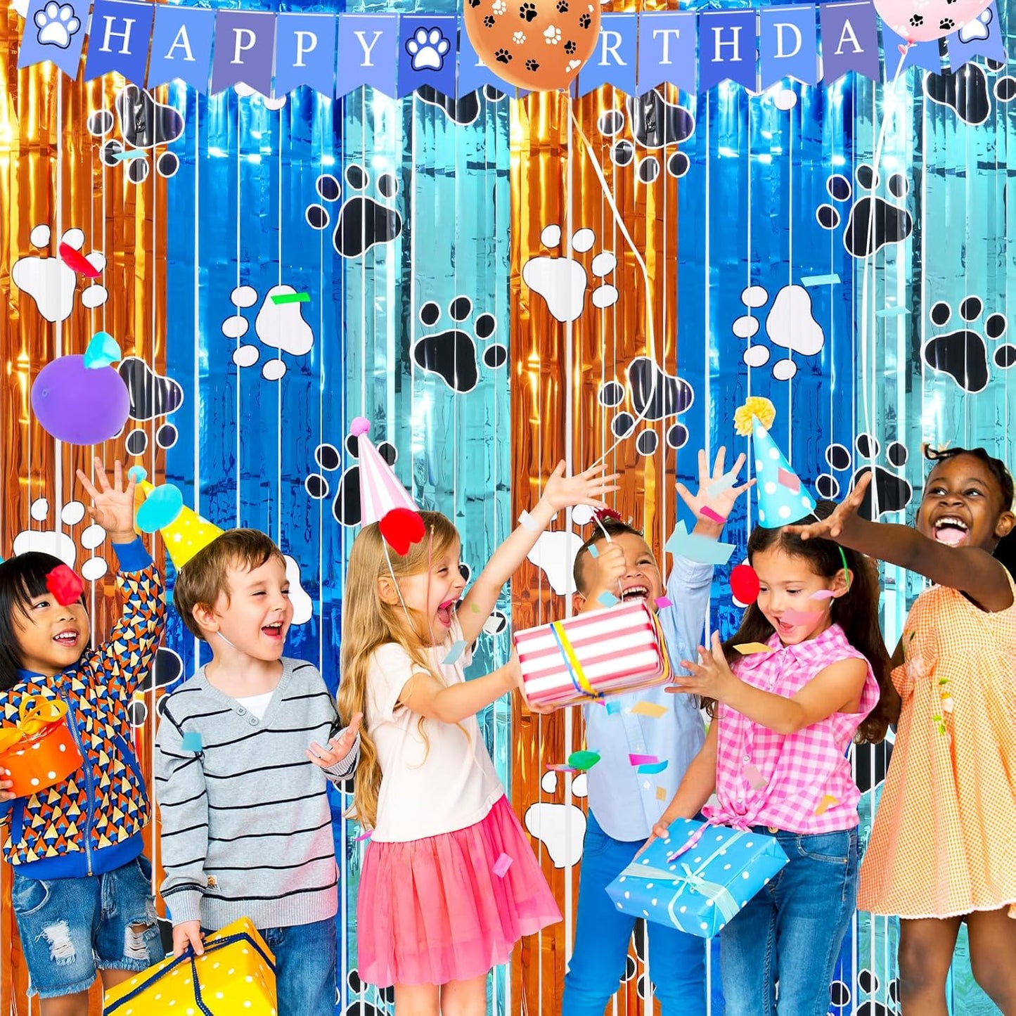 2 Pack 3.3X6.6Ft Blue Dog Foil Fringe Curtains Backdrop Decorations, Orange and Blue Paw Printed Birthday Tinsel Metallic Streamers Photo Booth Backdrop for Dog Theme Birthday Party Supplies