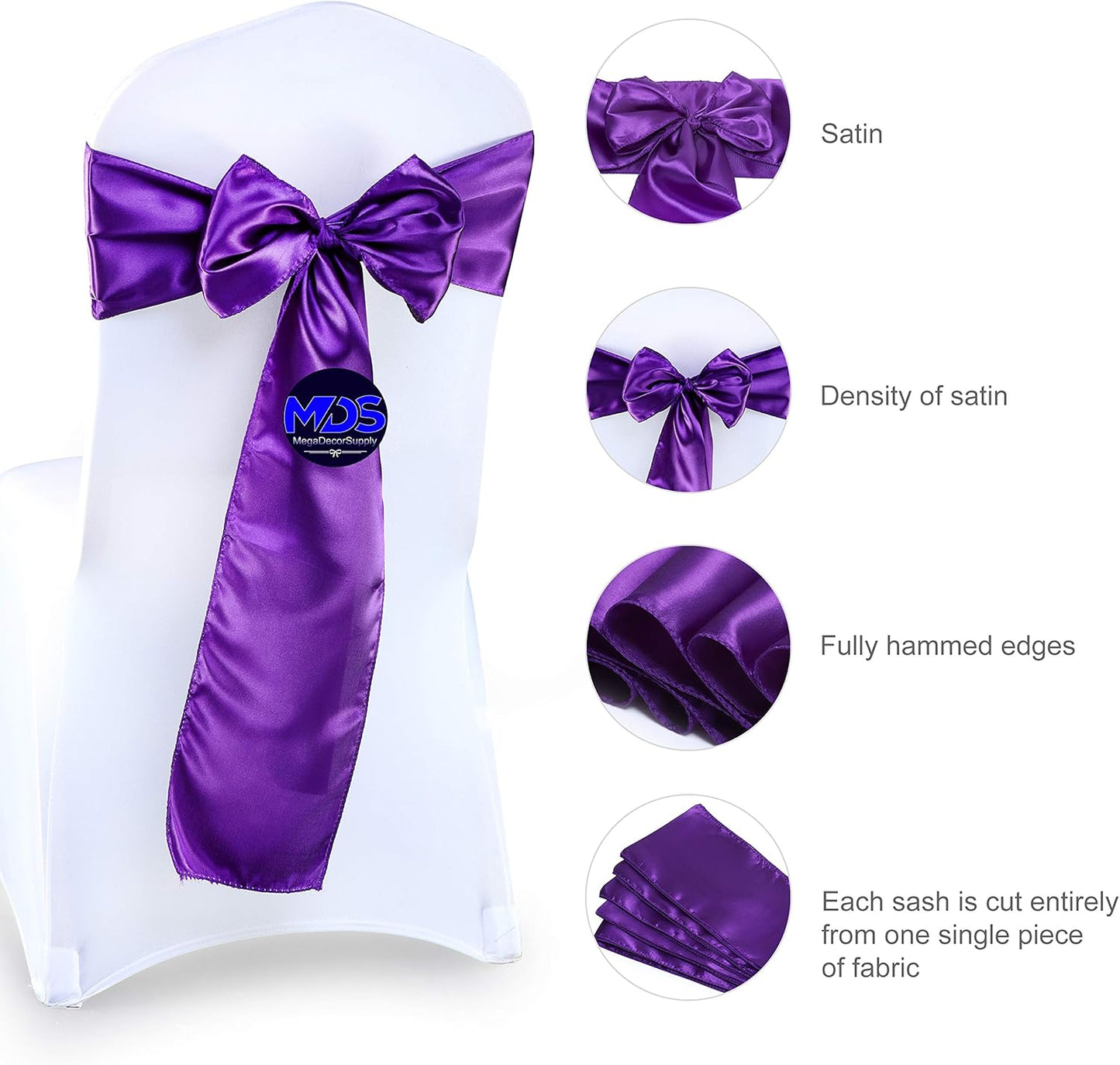 MDS Pack of 100 PCS Satin Chair Sashes Charmeuse Sateen Dining Chair Bows Ribbon Ties Back Sash for Wedding Party Birthday Home Hotel Restaurant Banquet Decoration (7 x 108 Inch, Cadbury Purple)
