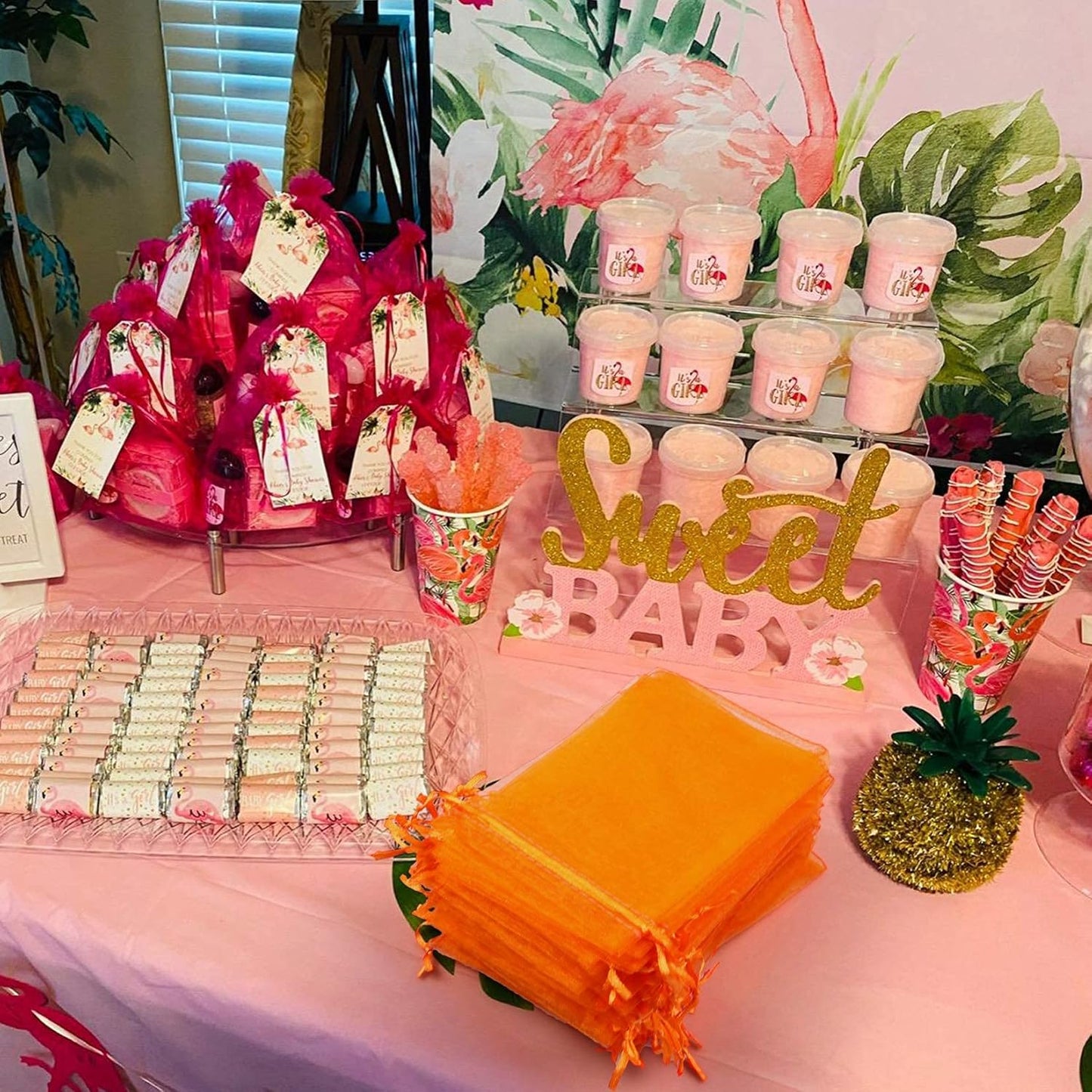 ANZNKU 50 Pack Organza Bags 4 x 6 inch Premium Sheer Drawstring Small Gift Bags for Halloween Candy Jewelry Party Wedding Halloween Christmas Favor (Orange)