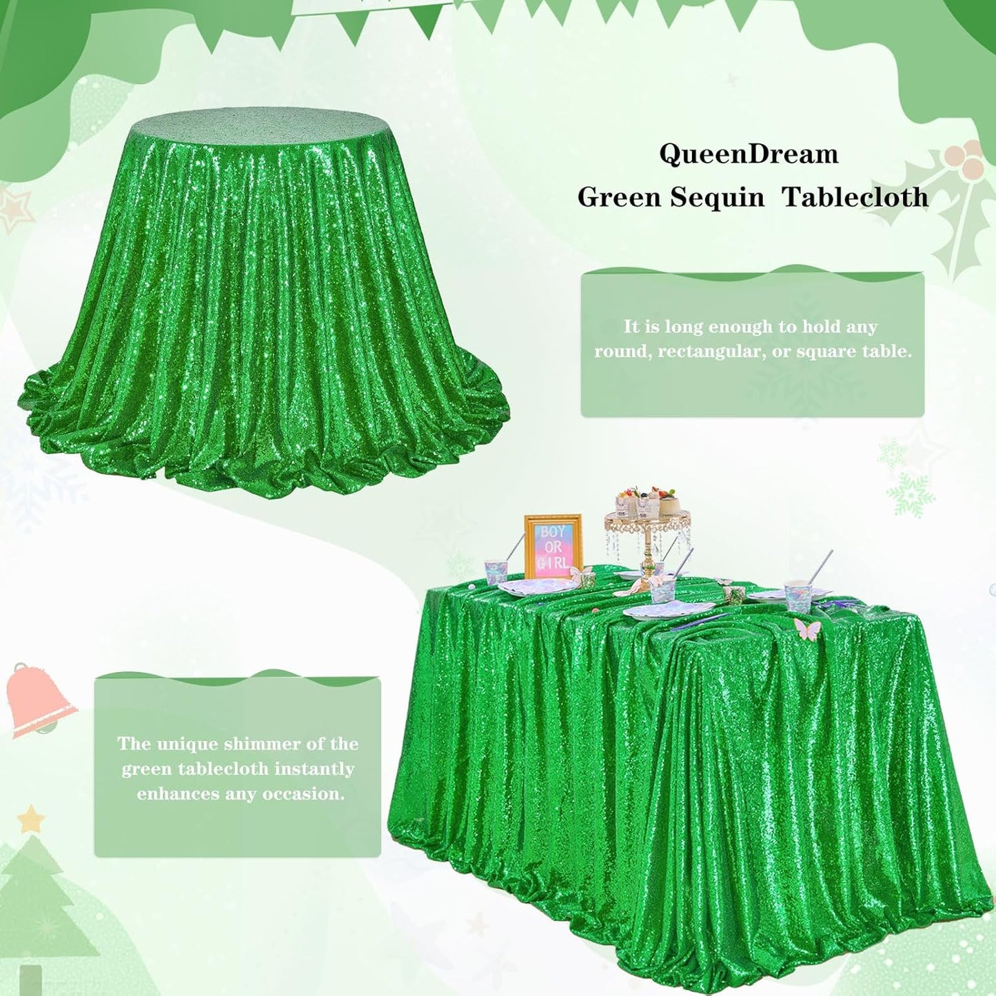 QueenDream Rectangle Tablecloth 90x132 Inches Green Sequin Table Clothes Overlay Birthday Decorations