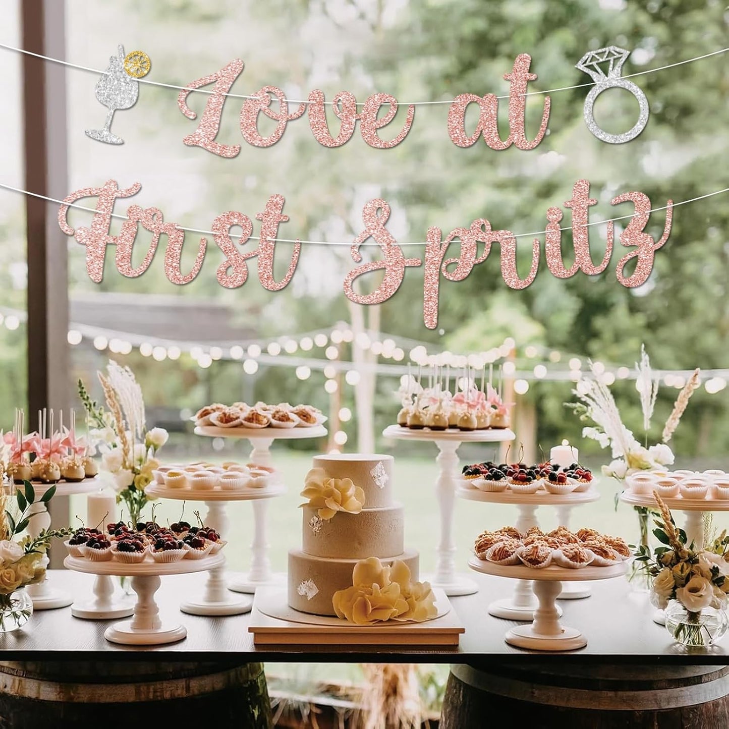 Love At First Spritz Wedding Banner - Bridal Shower Decorations, No Diy, Glitter Just Engaged Spritz Party Banners for Wedding/Engagement/Bachelorette Party Decorations Supplies, Rose Gold.