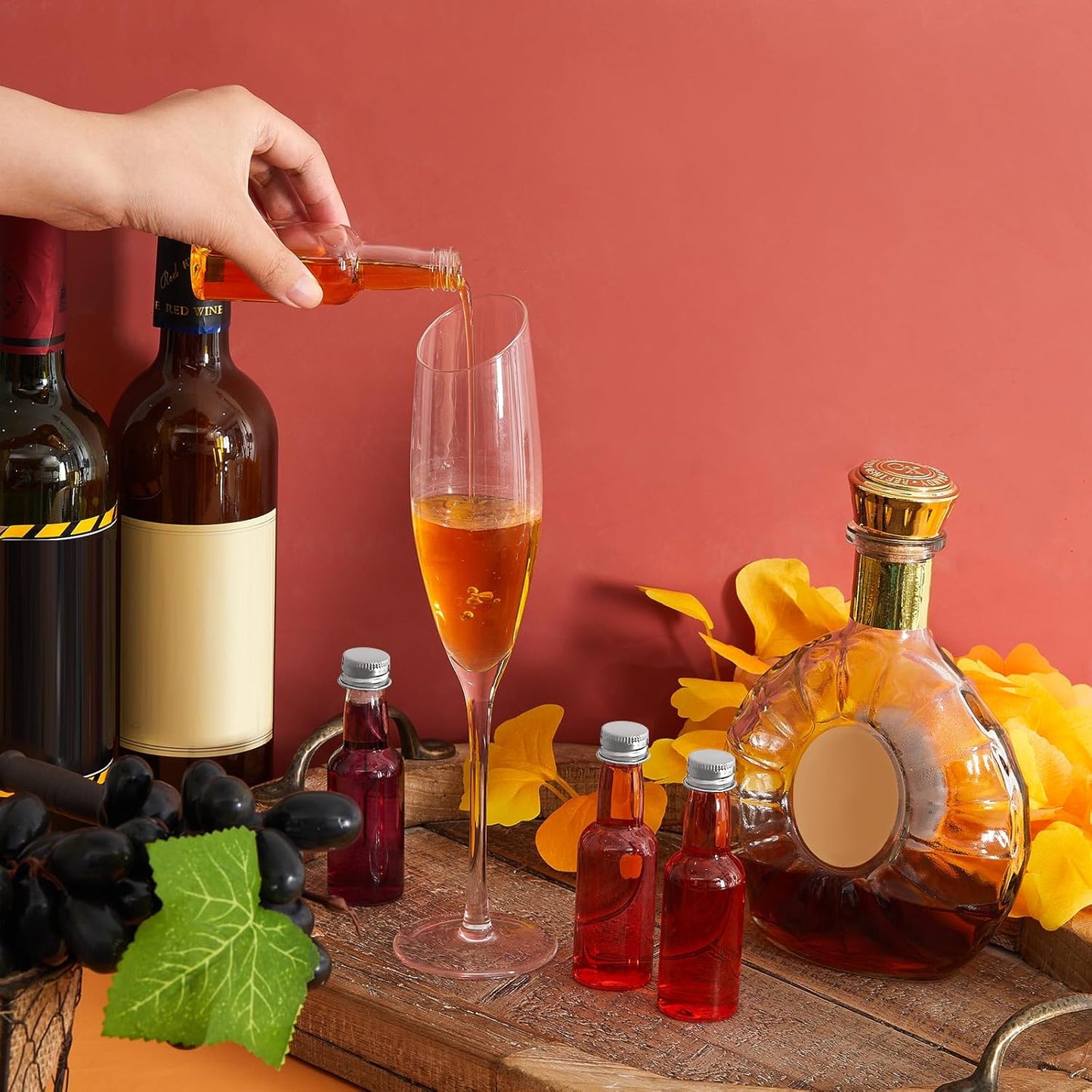 Tessco for you 100 Pcs Mini Liquor Bottles Plastic Mini Salad Dressing Bottle Christmas Small Shooter Alcohol Holders with Cap Wine Hot Sauce(0.8 oz,Silver)