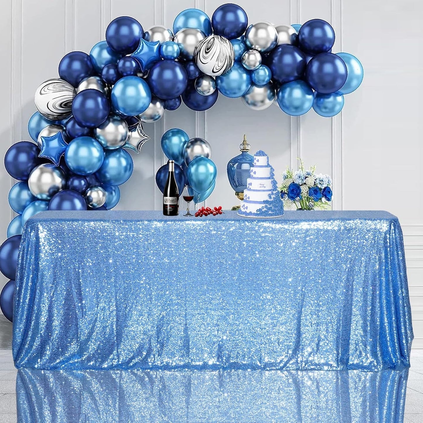 SquarePie Sequin Tablecloth 90 x 156 Inch Baby Blue Sparkly Table Linen for Wedding Party