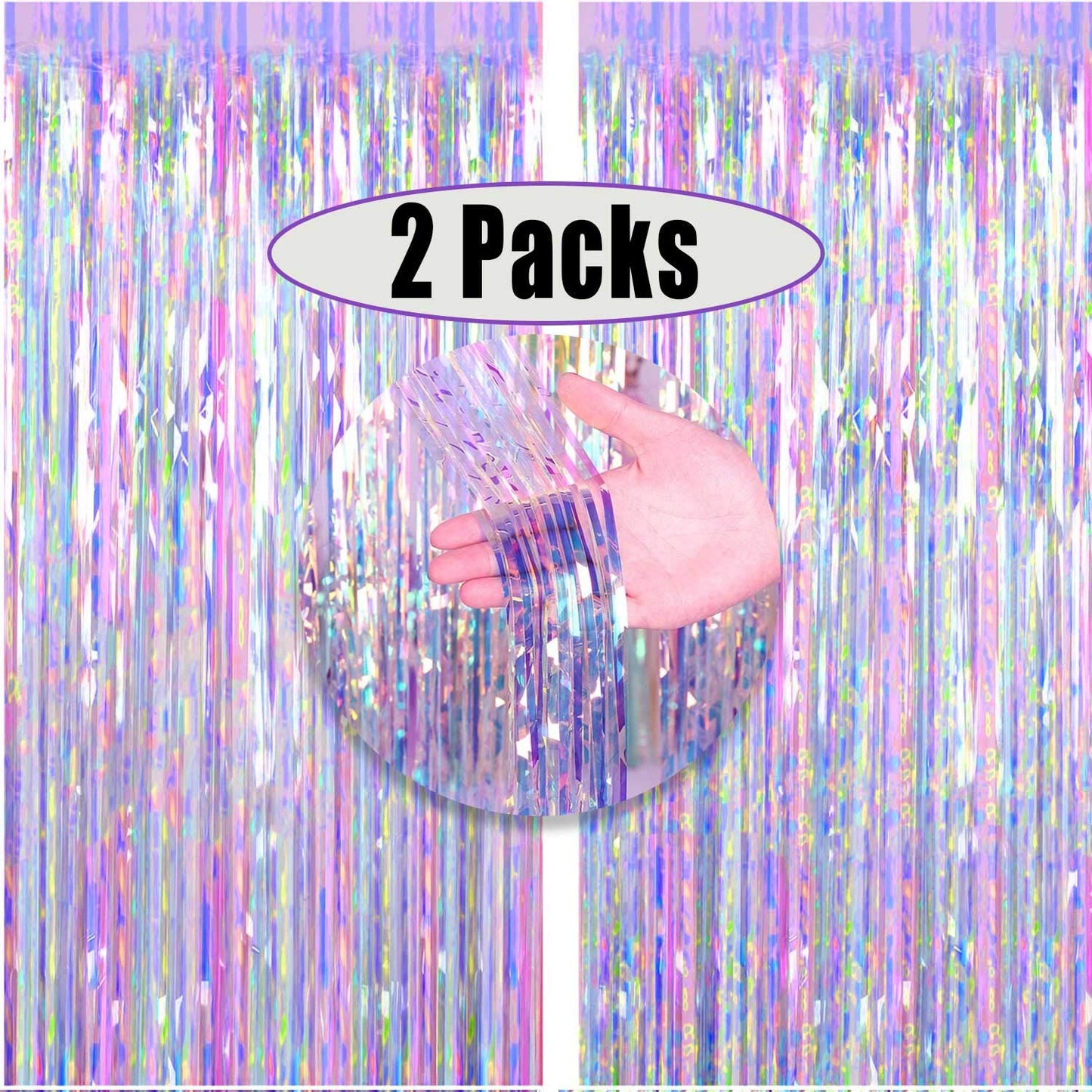 FECEDY 2pcs 3ft x 8.3ft Shiny Corlorful Metallic Tinsel Foil Fringe Curtains Photo Booth Props for