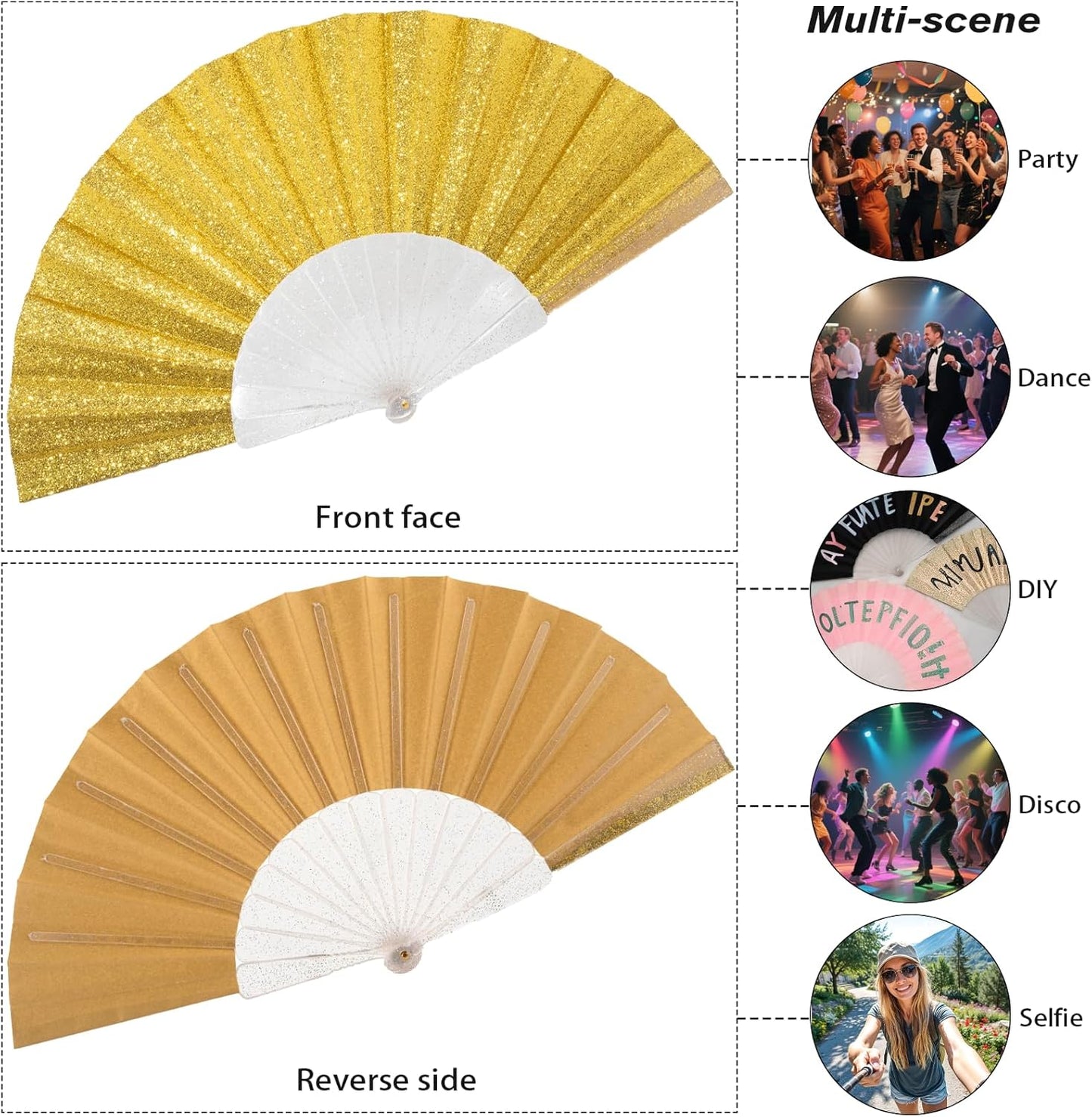 12 Pack Handheld Fan,Folding Hand Glitter Fan with Shining Transparent Fan Rib – Ideal for Wedding, Church, Festival, Dance, Tea Party, Club, and EDM Accessories, Yellow