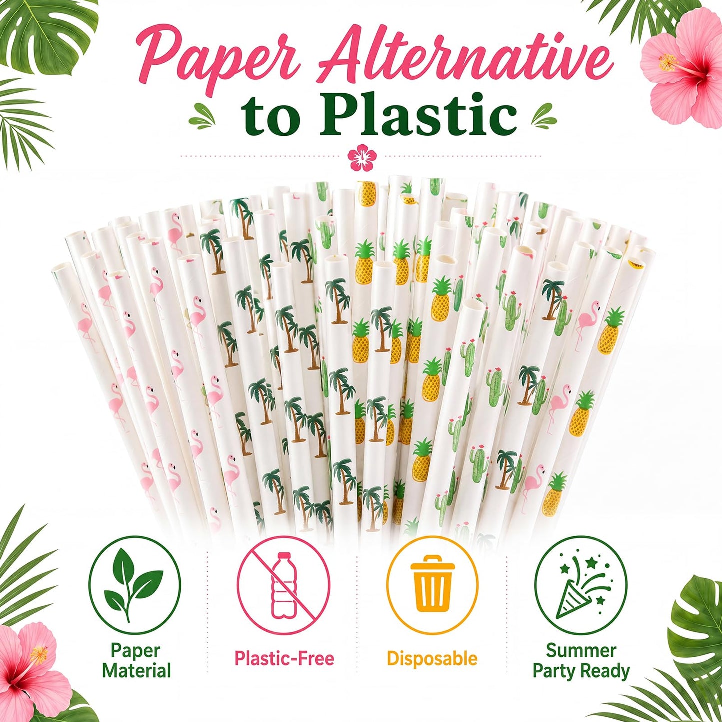 ALINK 100 Pack Tropical Paper Straws - 7.75" Biodegradable Hawaii Party Straws with Flamingo