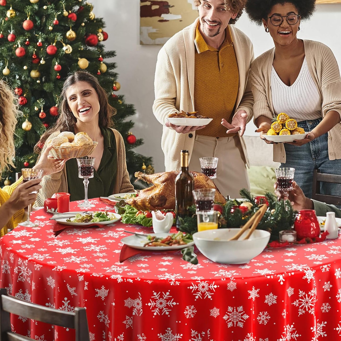 12 Pieces Christmas Snowflake Plastic Party Tablecloth Decorations, Disposable White Snowflake Red Xmas Round Table Cover Backdrop for Winter Christmas Holiday New Year Party Supplies,84 inch (Red)