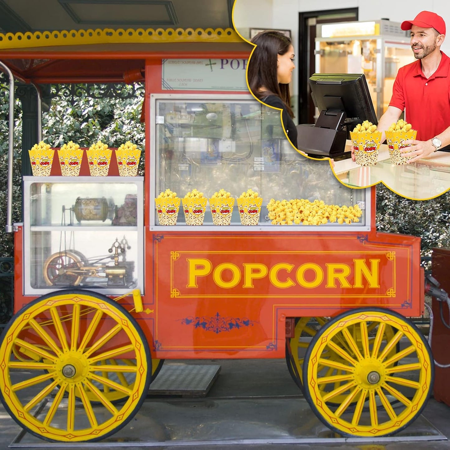 Panelee 100 Pack Popcorn Boxes for Movie Night 24oz Popcorn Disposable Paper Bucket Bags Bulk Snack Container Cups Holder for Christmas Party Carnival