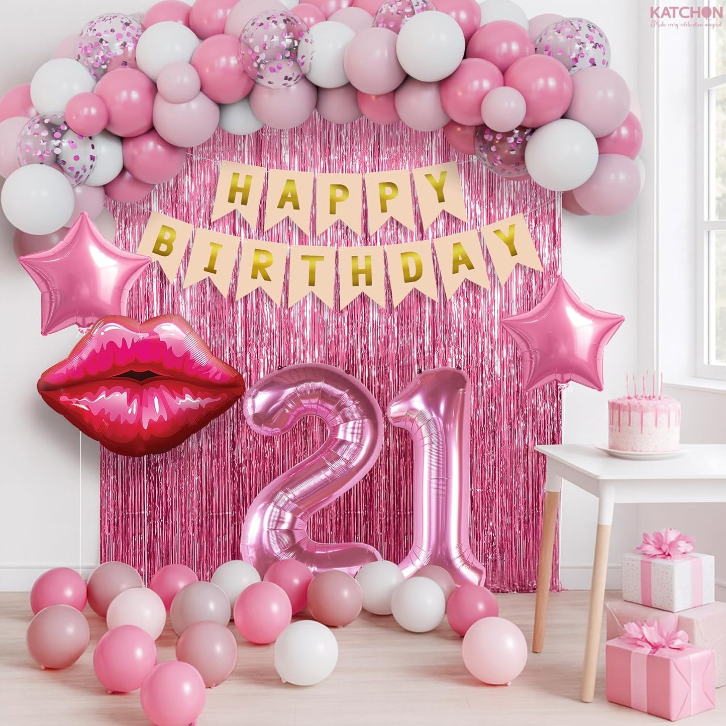 KatchOn, Pink 21st Birthday Decorations Set with Lip & Star Balloons – Pack of 42 | Happy Birthday Banner & Lip Decor | 21st Happy Birthday Decorations for Women, Girls & Her | Pink Party Decorations