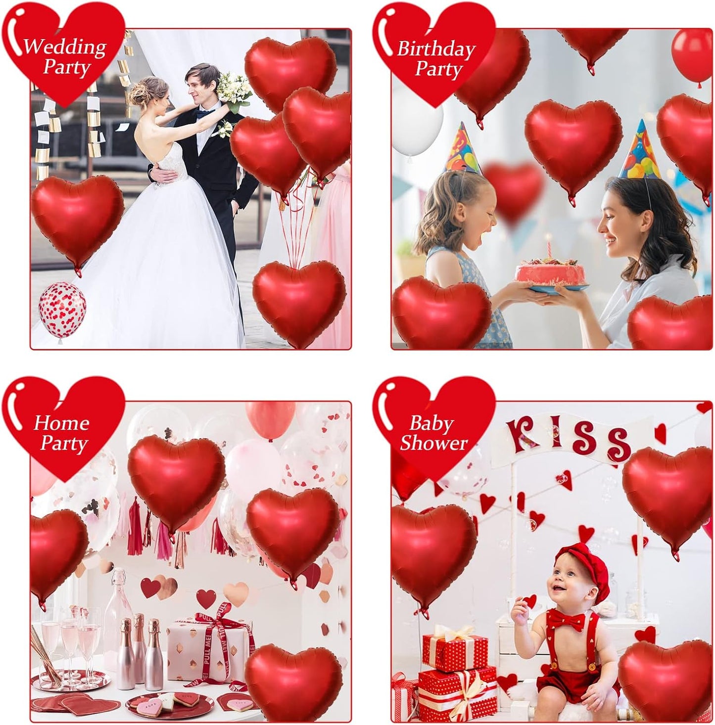 Biapian Red Heart Balloons, 10PCS 18inch Metallic Red Foil Heart Shaped Balloons for Helium, Valentine Decorations, Wedding, Birthday, Anniversary