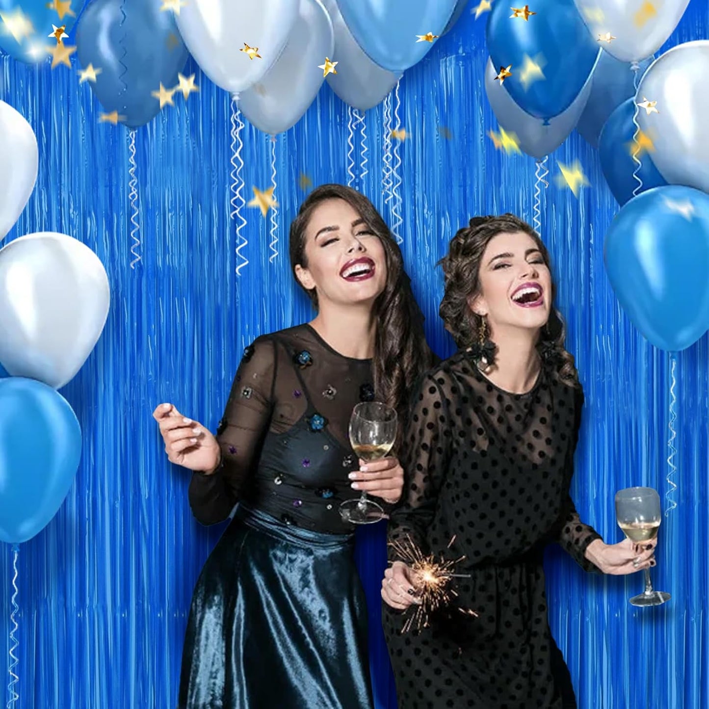 BEISHIDA 2Pcs Dark Blue Door Streamer Fluorescent Blue Backdrop Blue Foil Fringe Curtains Tinsel for Birthday Baby Shower Backdrop Wedding Party Decoration (3.28 ft x 6.56 ft)