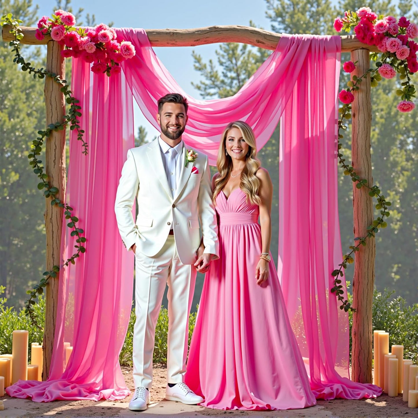 Wedding Arch Draping Fabric,2 Panels 18FT Hot Pink Sheer Chiffon Curtain Drapes 6 Yards for Wedding Ceremony Birthday Party Decoration