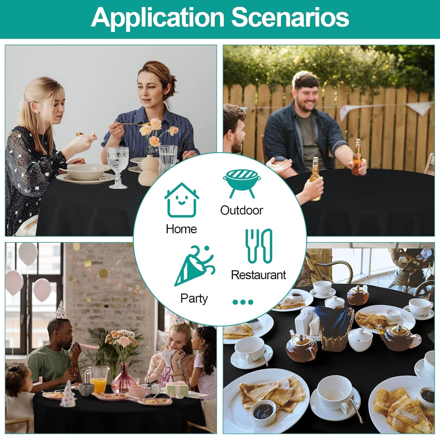 EMART Round Tablecloth Black (6 Pack) 120 inch Circular Polyester Table Cover for Wedding Decor, Birthday Party, Banquet and Formal Events