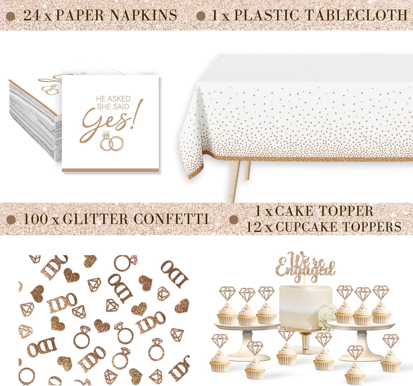 261 Pc Premium Engagement Party Decorations Kit – Elegant Mr. & Mrs. Wedding Balloons, Happy Engagement Banner, Diamond Ring White Gold Balloons, Cupcake Toppers – Classy Bride To Be Decor