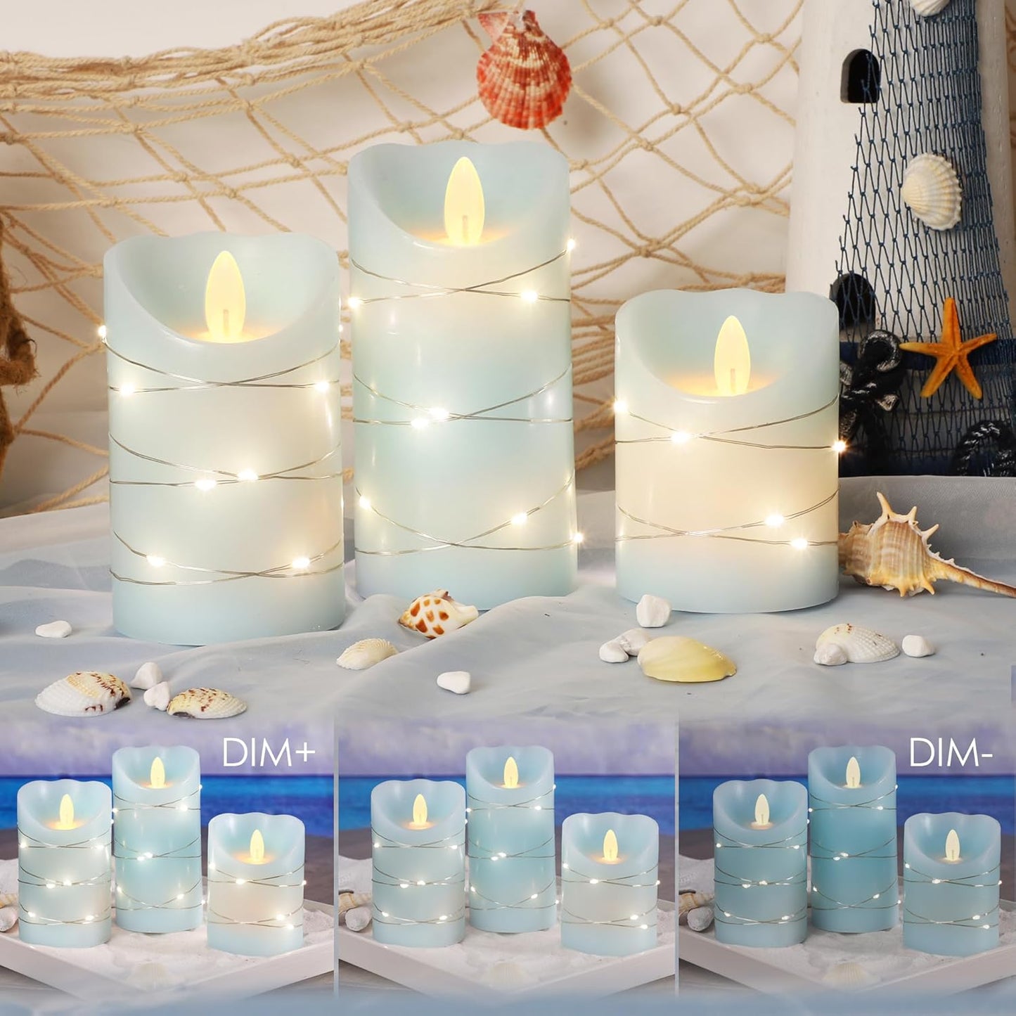 Silverstro Nautical Flameless Candles with String Lights Flickering Blue Battery Operated Candles with Remote Control & Timer - Home Farmhouse Holiday Ocean Decor - Set of 3