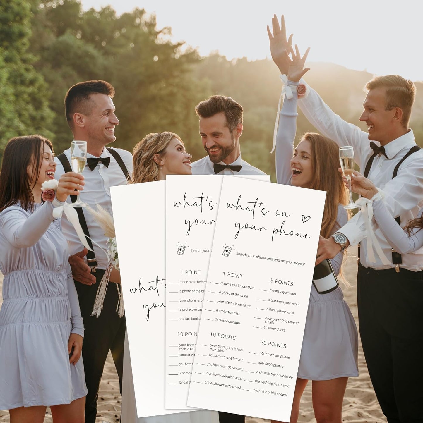 Bridal Shower Games, What's On Your Phone, 25Pcs 4x9inch Minimalist White Double-Sided Bridal Game Cards, Wedding Shower Games for Guests, Engagement Bachelorette Party Supplies - A17