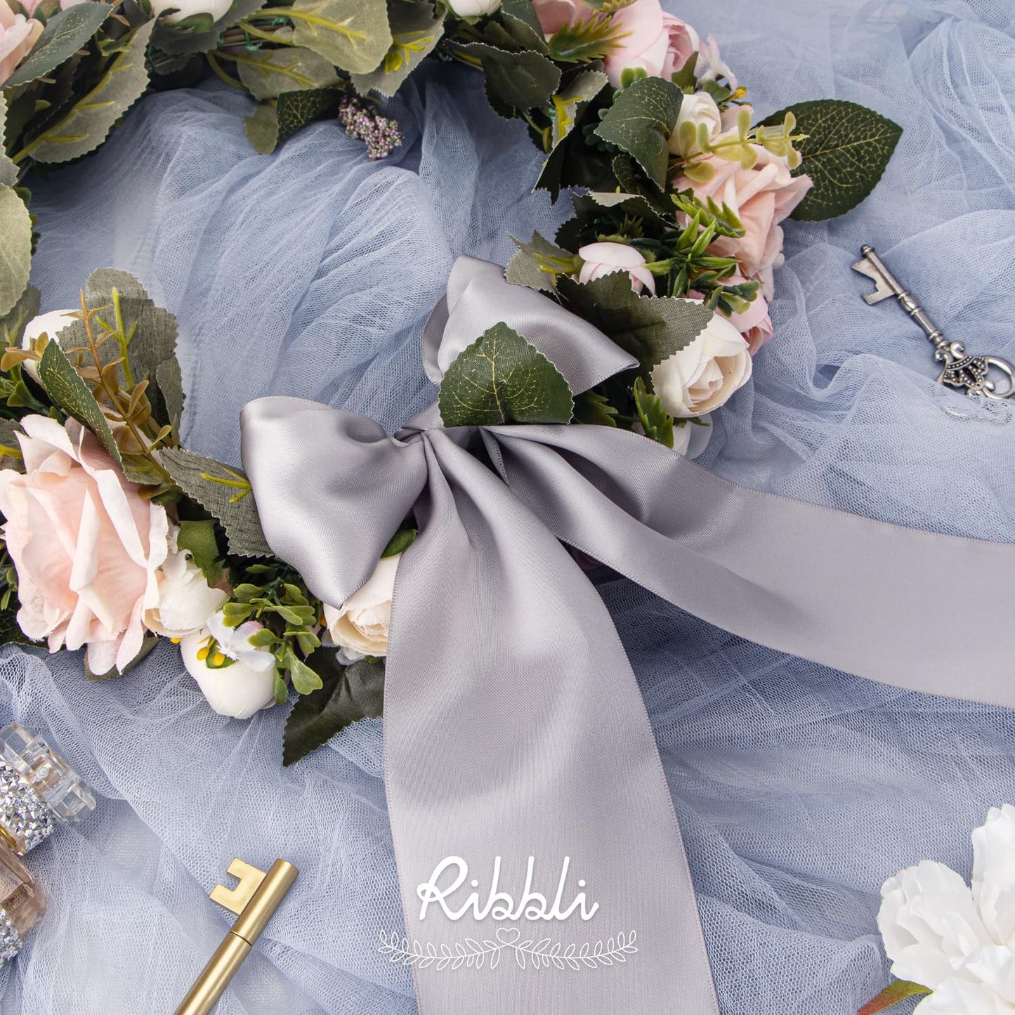 Ribbli Silver Double Faced Satin Ribbon, 3” x Continuous 10 Yards,Use for Bows Bouquet,Gift Wrapping,Floral Arrangement,Wedding Decoration