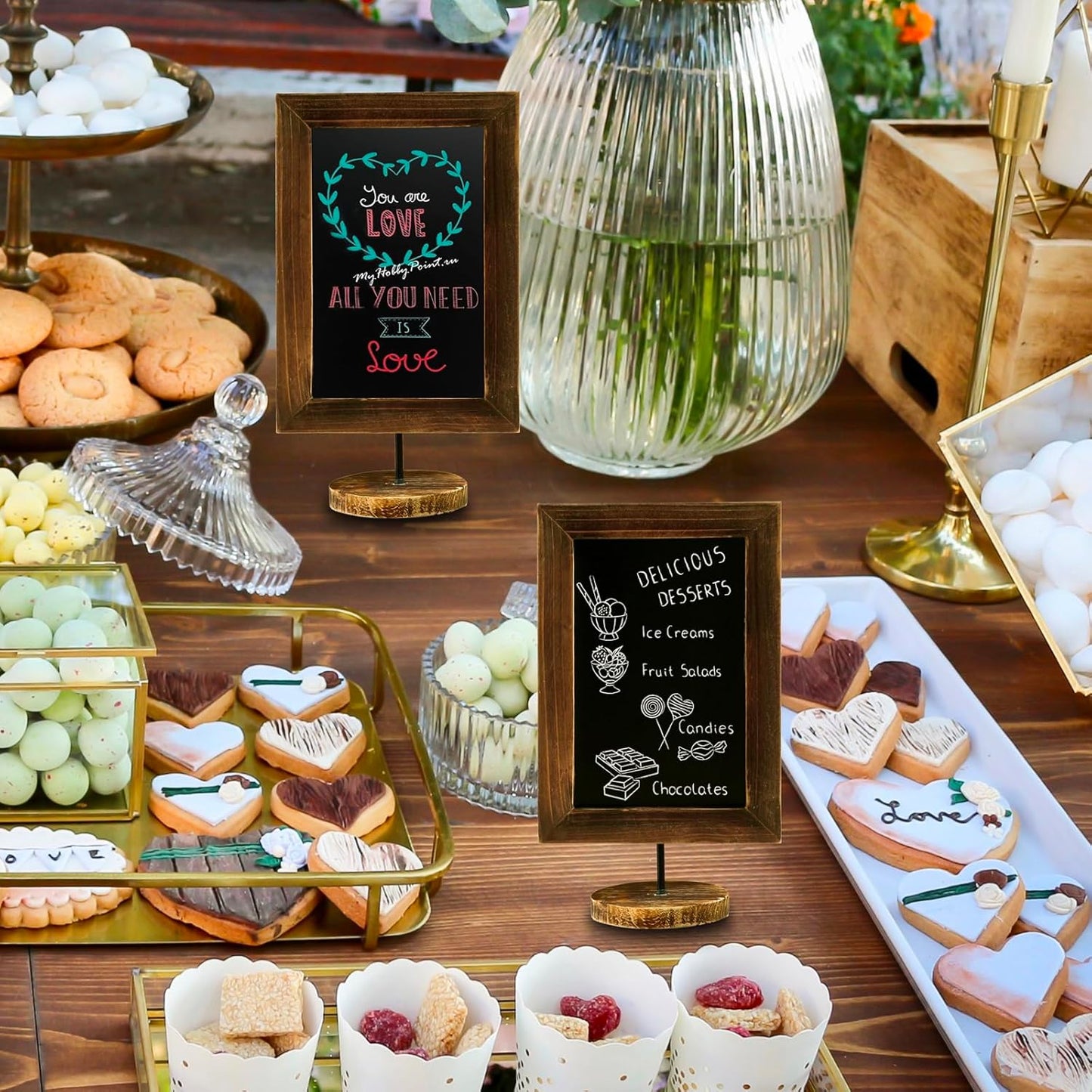 MyGift Set of 2, 12 Inch Chalkboard Sign with Burnt Wood Rectangular Frame and Round Base, Rustic Wedding Table Place Card Signage, Small Kitchen Countertop Memo Board