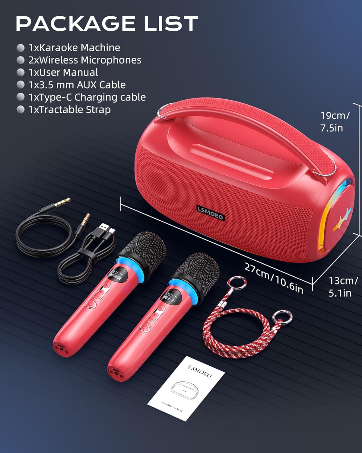 Karaoke Machine for Adults and Kids,Portable Bluetooth 2 Wireless Karaoke Microphone with Holder/USB/TF Card/AUX-in, IPX5 PA Speaker System for Home Party, Picnic,Car,Outdoor/Indoor-Red