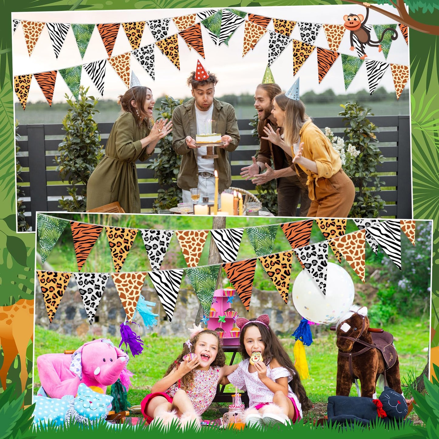 Tiamon 5 Pcs Jungle Safari Animal Banner 49.2 Ft Triangle Flags Party