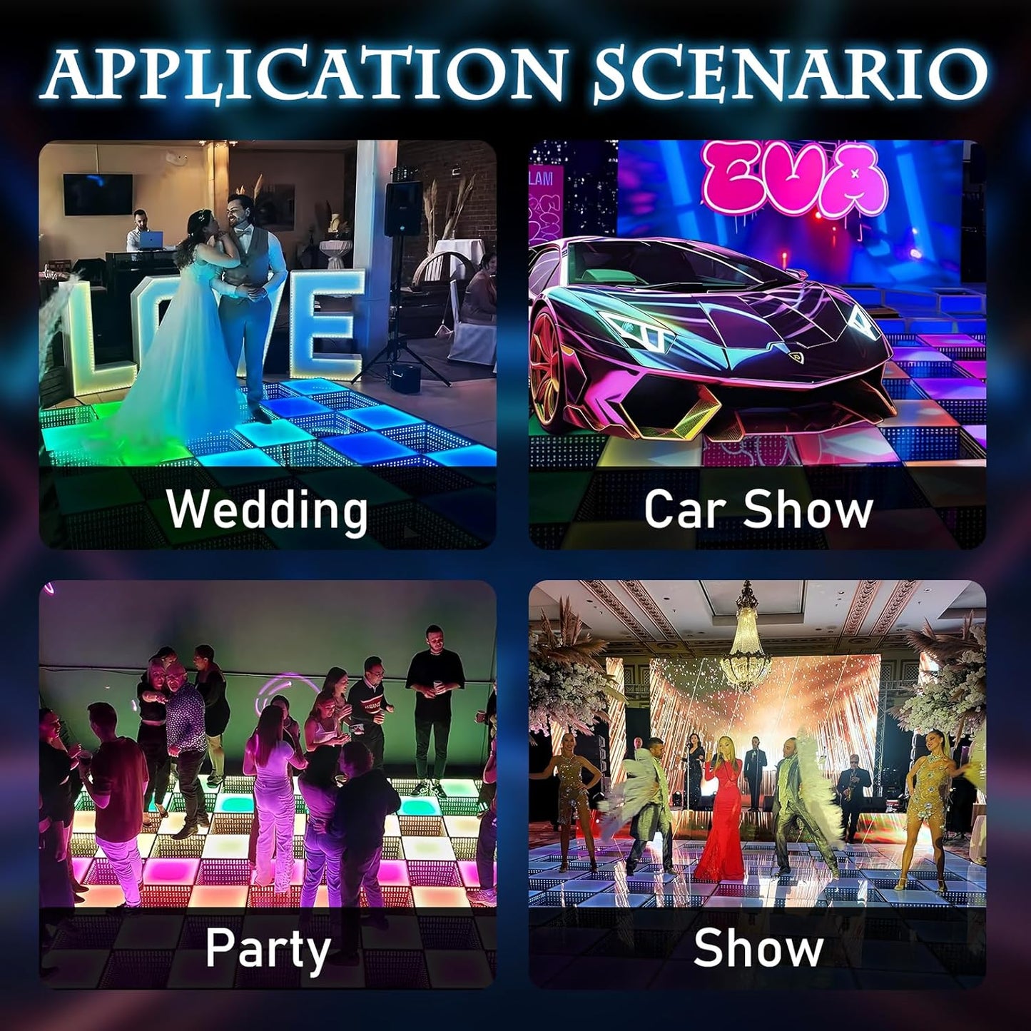 Dance Floor Stage Lights Tempered Glass Infinity Mirror Panel 3D Effect Led Dance Floor for Wedding Party Customizable (3D+RGB-Magnetic, 25PCS(8.2FTX8.2FT))