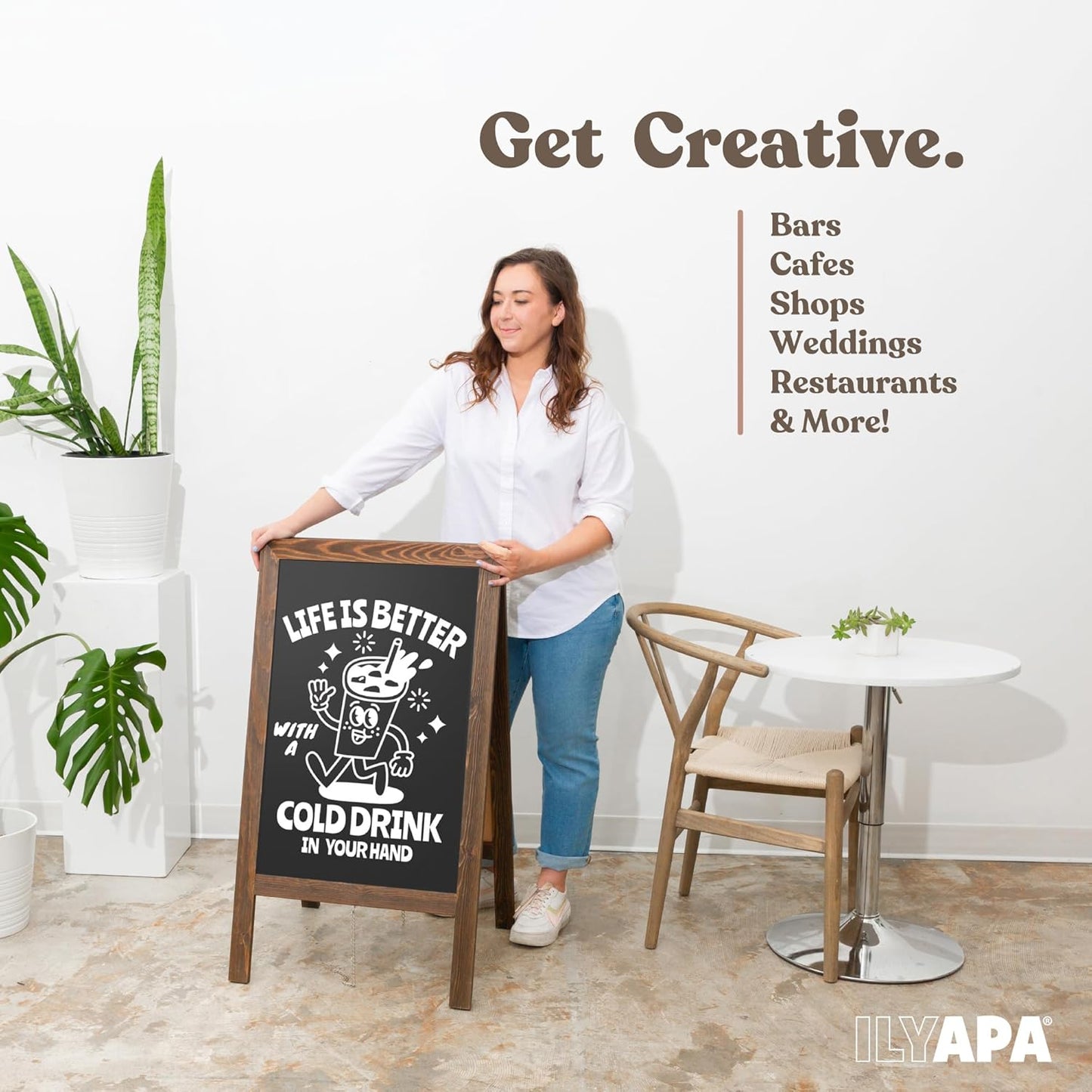 Ilyapa Wooden Sandwich Board Signs Outdoor A Frame Chalkboard Sign with Eraser & Chalk - Magnetic Sidewalk Sign 20x40 - Chalkboard Easel for Restaurant, Business or Wedding