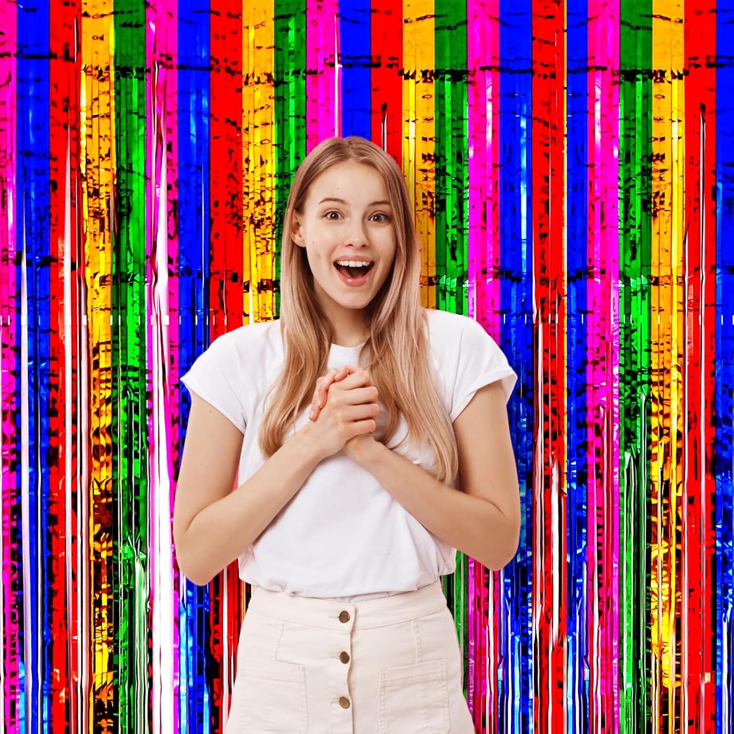 3 Pack 3.3x8.2 Feet Rainbow Foil Fringe Backdrop Curtains, Tinsel Streamers Birthday Party Decorations, Fringe Backdrop for Graduation, Baby Shower, Gender Reveal, Disco Party