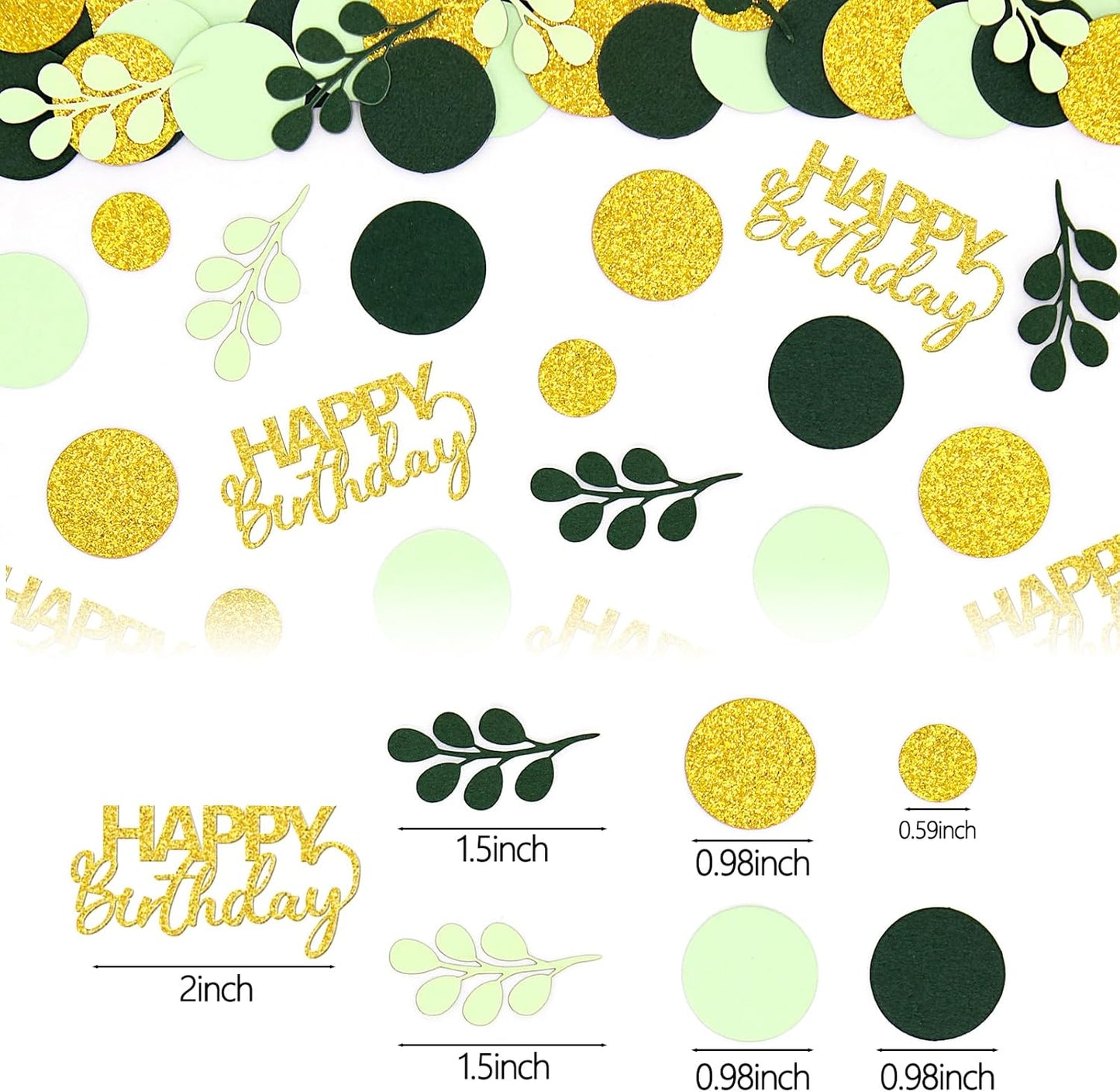 300PC Greenery Happy Birthday Confetti for Table Gold Glitter and Sage Green Birthday Party Decorations for Kids/Adult