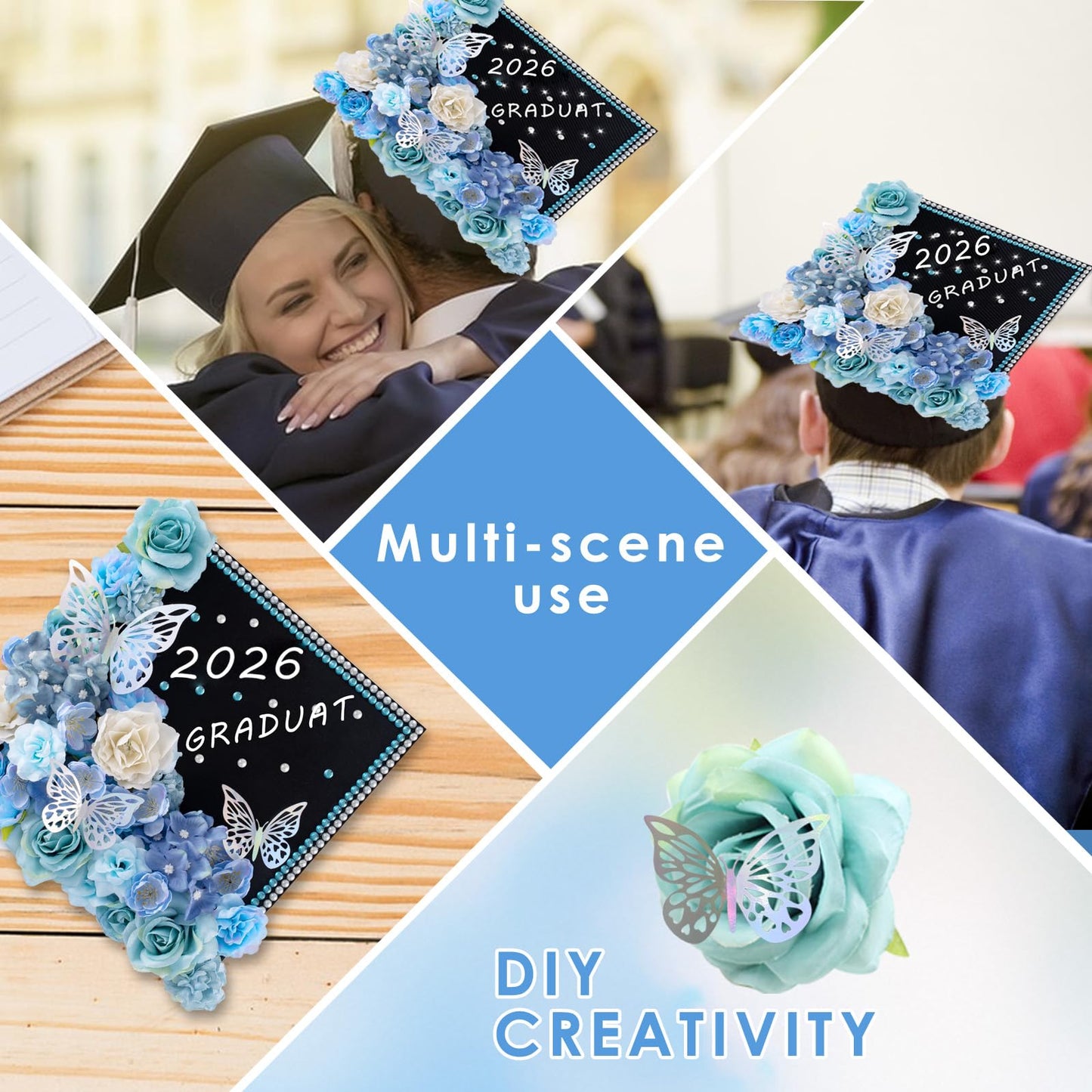 60 PCS Graduation Cap Decorations Kit 2026 with 3D Butterflies & Flowers