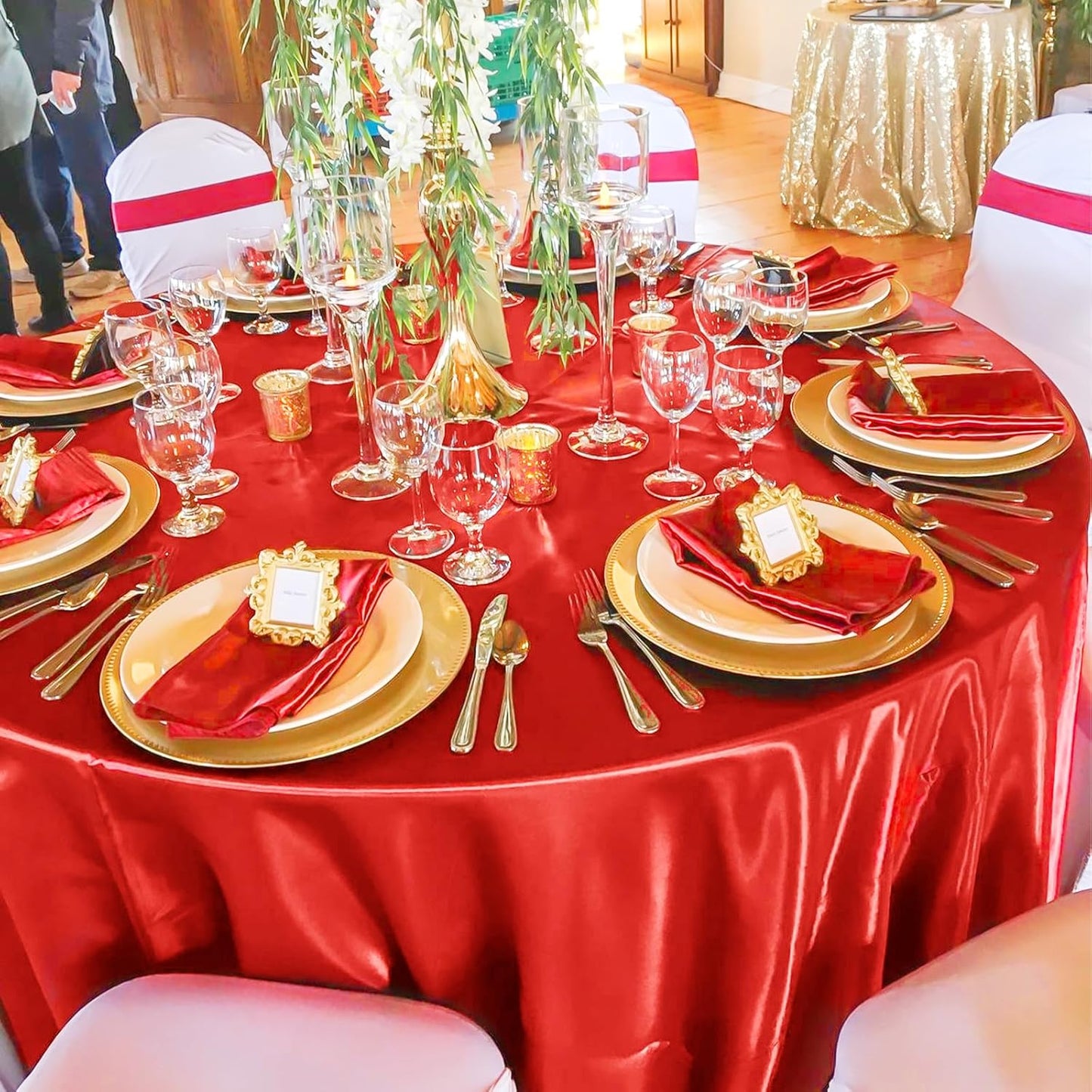 fani 12 Pack 108 Inch Red Satin Tablecloth - Silky Round Tablecloth Overlay Smooth Fabric Table Cover, Bright Table Decoration for Wedding Party Banquet Events Restaurant Kitchen Dining