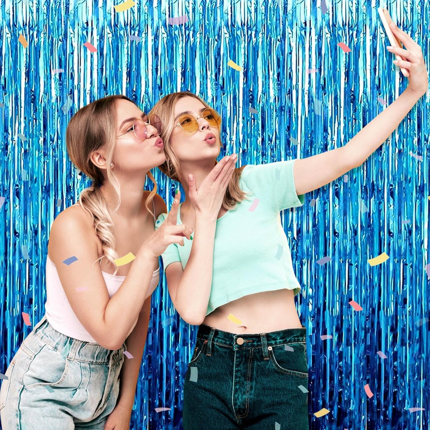 3 Pack Lake Blue Foil Fringe Curtain Backdrop, 3.28Ft x 8.2Ft Metallic Tinsel Foil Fringe Streamer Curtains for Photo Booth, Christmas Day, Thanksgiving, Wedding, New Year Party Decorations