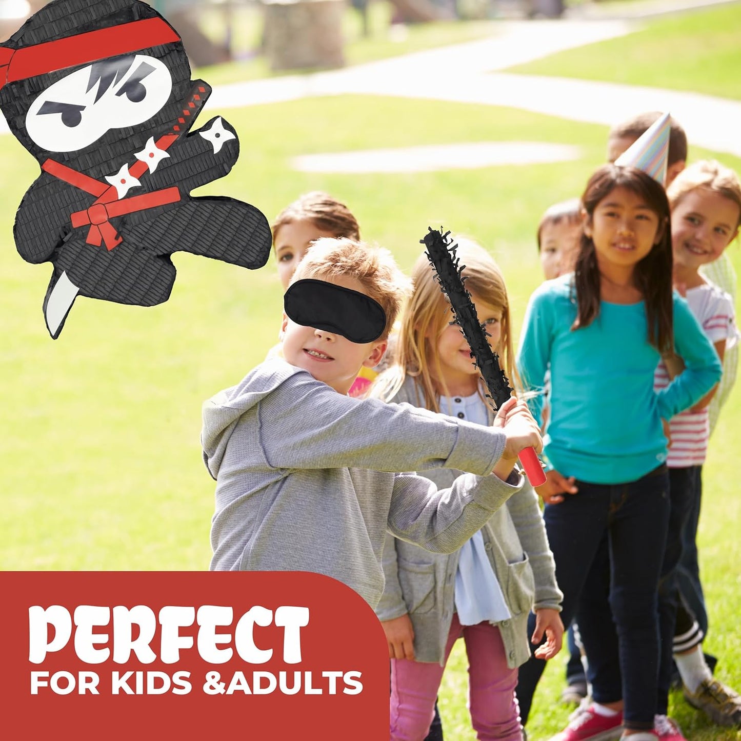 Ninja Pinatas Bundle with a Blindfold and Bat (16.5x12.6x4 Inches), Perfect for Birthday Parties, Theme Parties for boys, Decorations