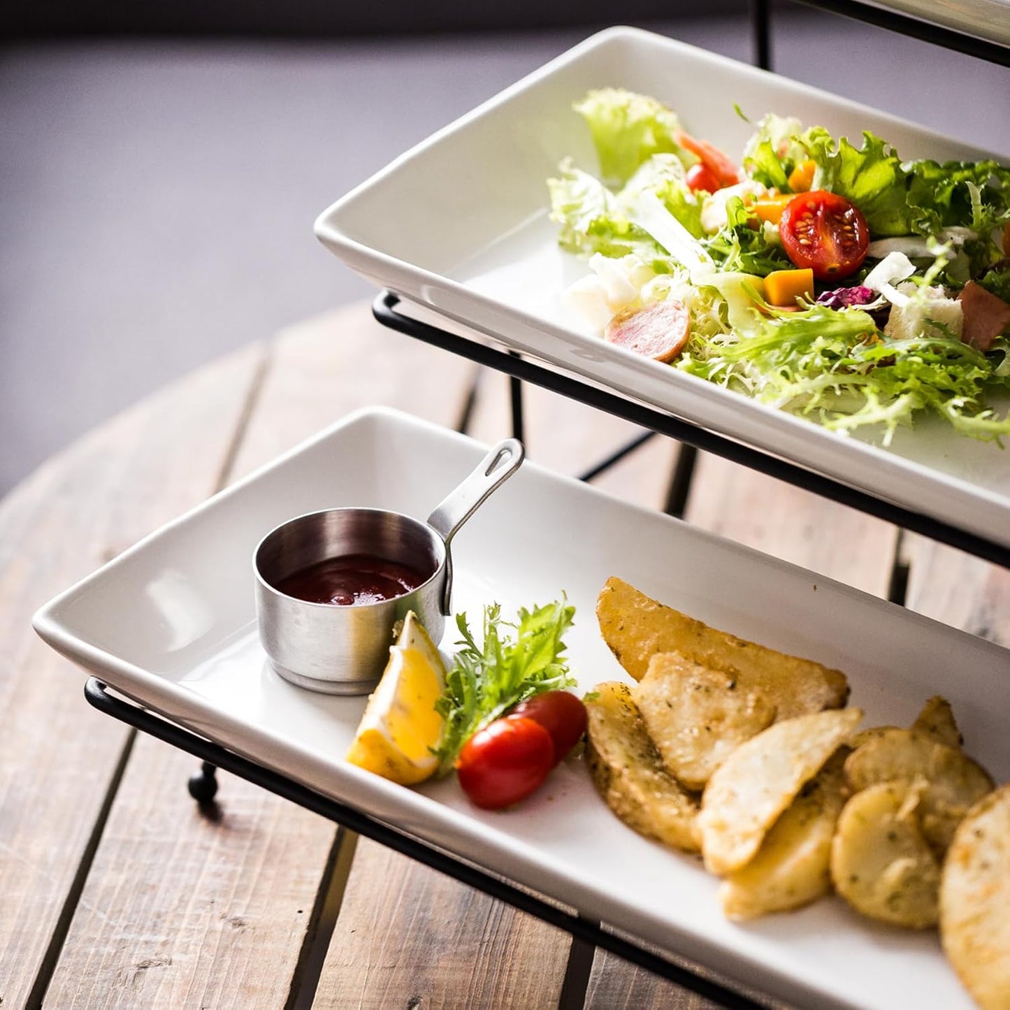 YHOSSEUN 3 Tier Serving Stand Tiered Tray Stand with 3 Porcelain Serving Platters Trays for Dessert Server Display Collapsible Sturdier Metal Rack 14 inch