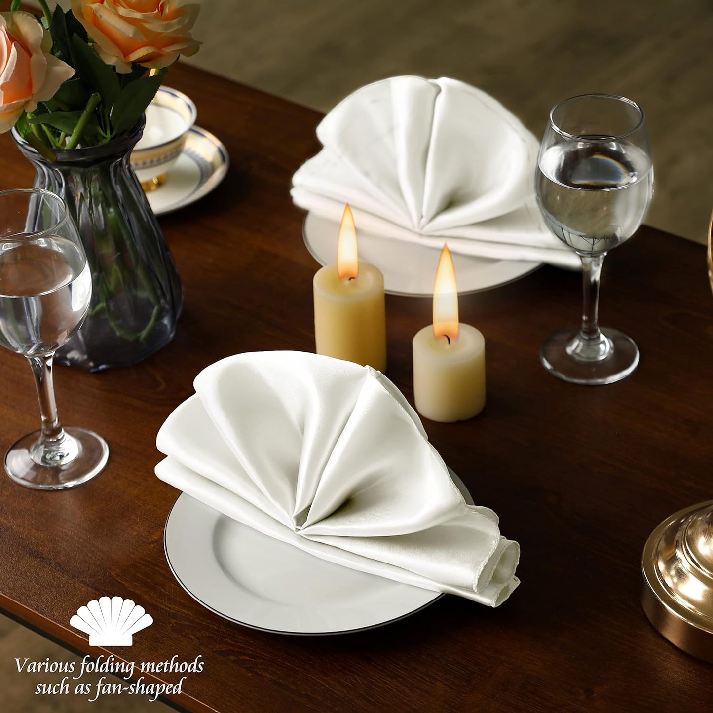 Manyshofu 50 Pieces Ivory White Satin Napkins - 12x12 Inches Cloth Napkins, Square Satin Fabric Napkin Set - Elegant & Reusable Table Napkins for Wedding Dinner Party Lunch Banquet Decoration