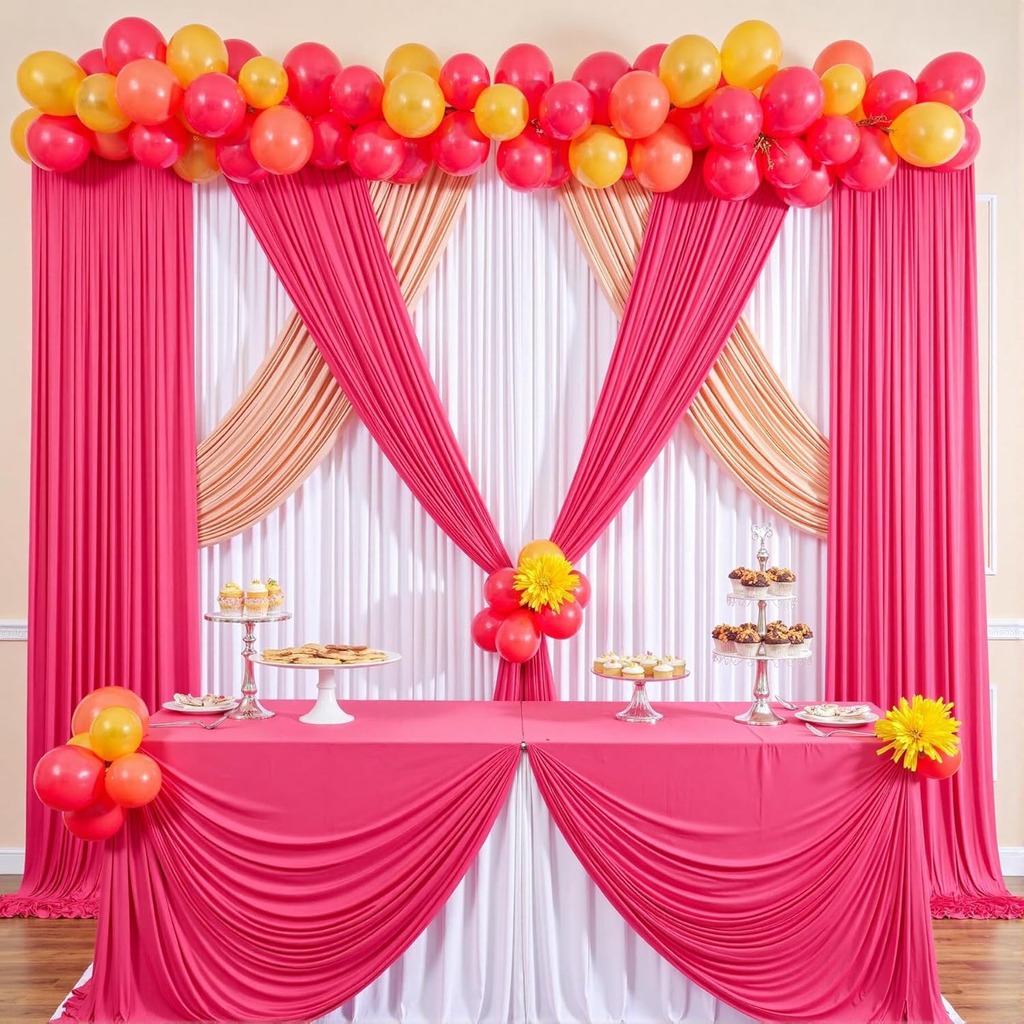 50 ft x 10 ft Wrinkle Free Fuchsia Backdrop Curtain for Parties, 10Panels Polyester Hot Pink Photo Backdrop Drapes for Wedding Birthday Party Baby Shower