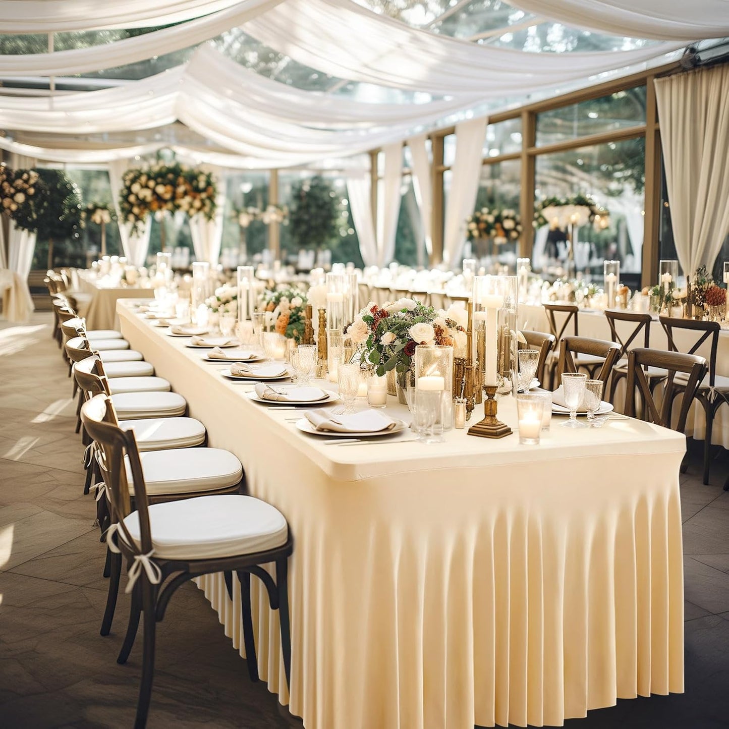 2 Pack Champagne Spandex Table Clothes for 6 Foot Rectangle Tables, 6FT Wrinkle Free Fitted Tablecloths Ruffles Design Table Cover for Party, Banquet, Wedding and Events