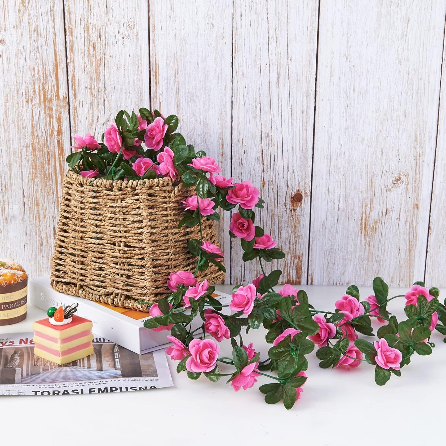 6 Pcs x 8.2 ft Flower Garland Artificial Rose Vine Flowers with Green Leaves Hanging Fake Roses Vine for Room Party Home Wedding Birthday Christmas Wall Arch Decor, Spring Magenta Flower