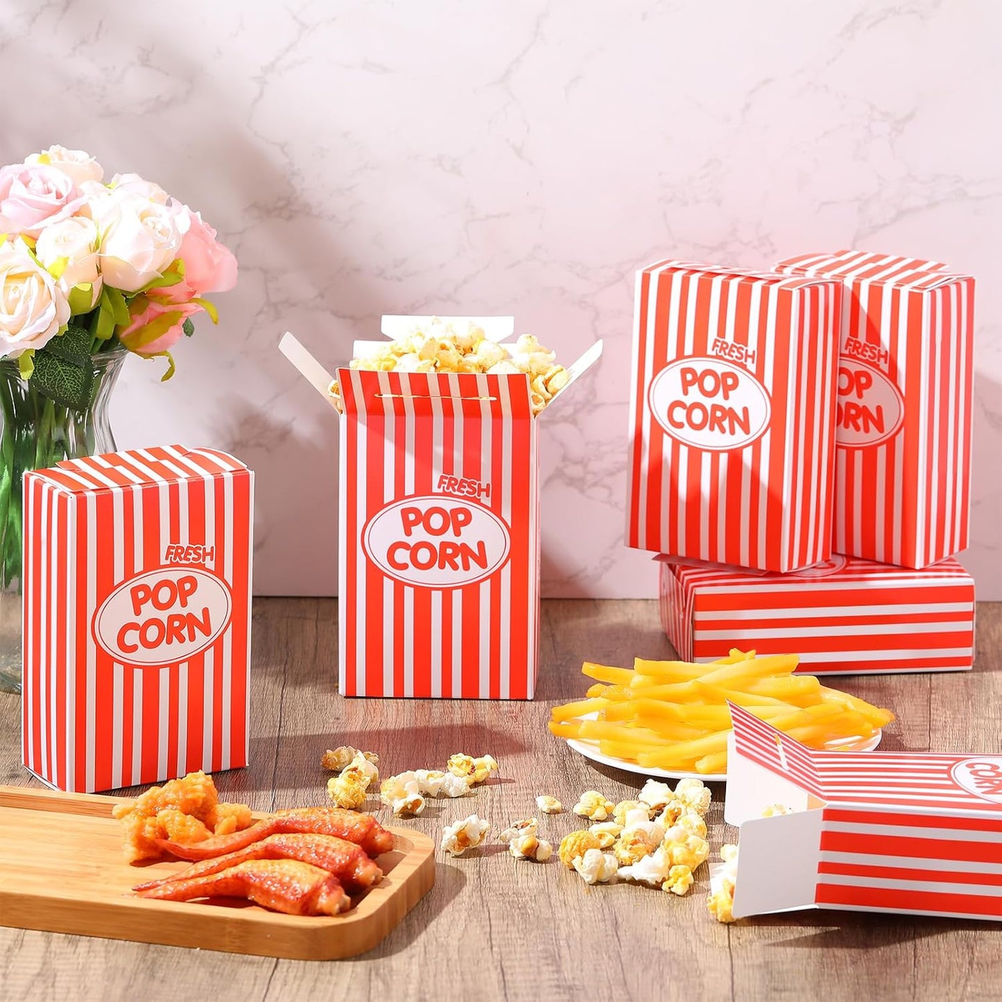 Xinnun 200 Pcs Paper Popcorn Boxes 1 oz Close Top Oil Proof Disposable Popcorn Container 6 x 4 x 2 Inch Stripes Leak Proof Popcorn Boxes for Party Movie Party Theater Night Birthday (Red)