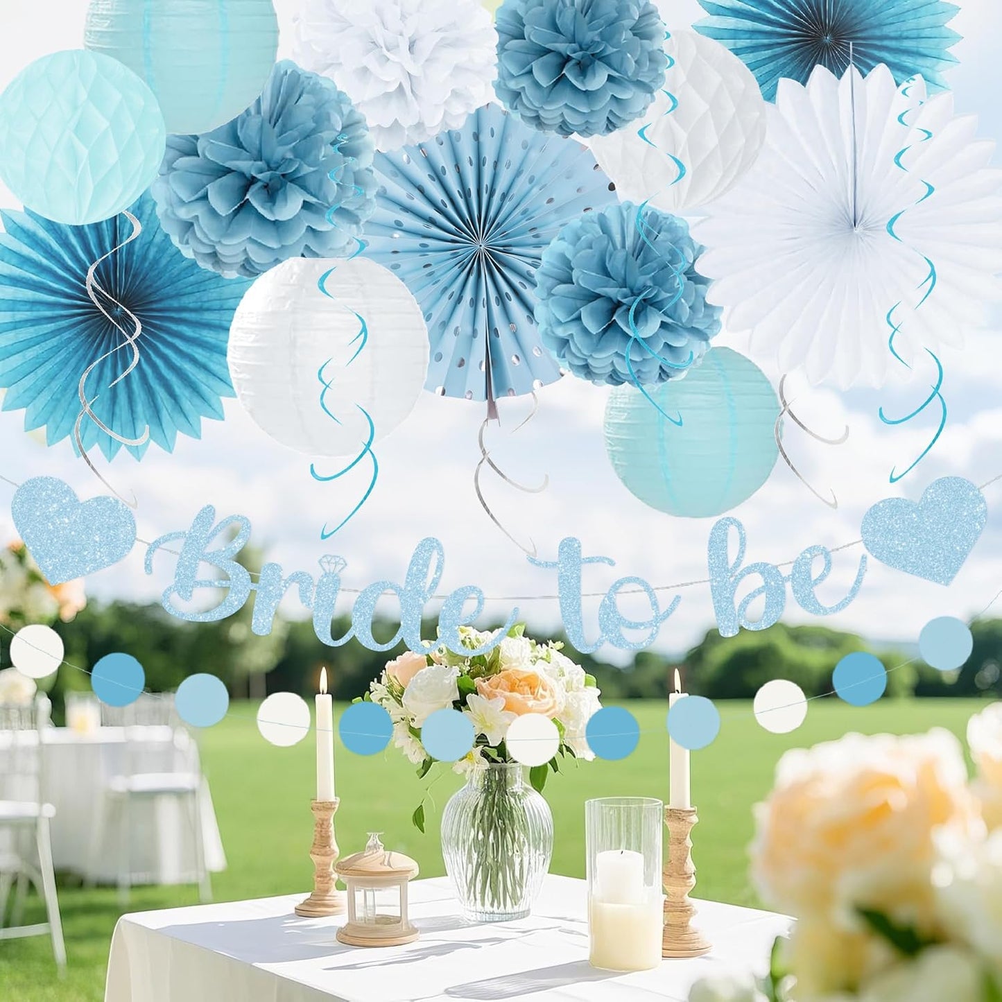 Holkcog Blue White Bachelorette Party Decorations, 21pcs Women Bridal Shower Decor Garland Paper Streamers Lantern Swirls for Girls Boys,Wedding Decoration, Blue Bride To Be Gilrs Wedding Party Supply