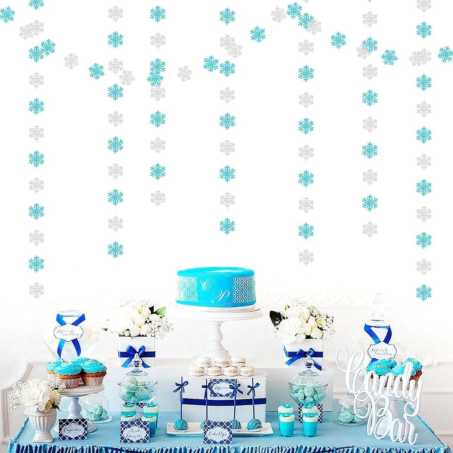 Snowflake-Snow Teal-Silver Christmas Party-Decoration Garland - 52ft Turquoise Winter Wonderland Frozen Ornaments Hanging Paper Streamers,New Years Birthday Baby Shower Wedding Ceiling Decor Hugfond