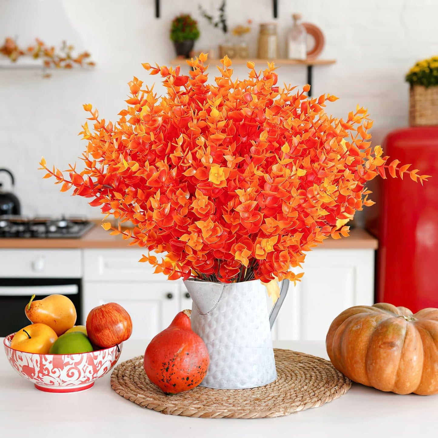 AmyHomie 20 Bundles Orange Fall Decor Artificial Flowers for Outdoor UV Resistant Faux Eucalyptus No Fade Fake Mums Plastic Plants Garden Porch Window Box Decorating