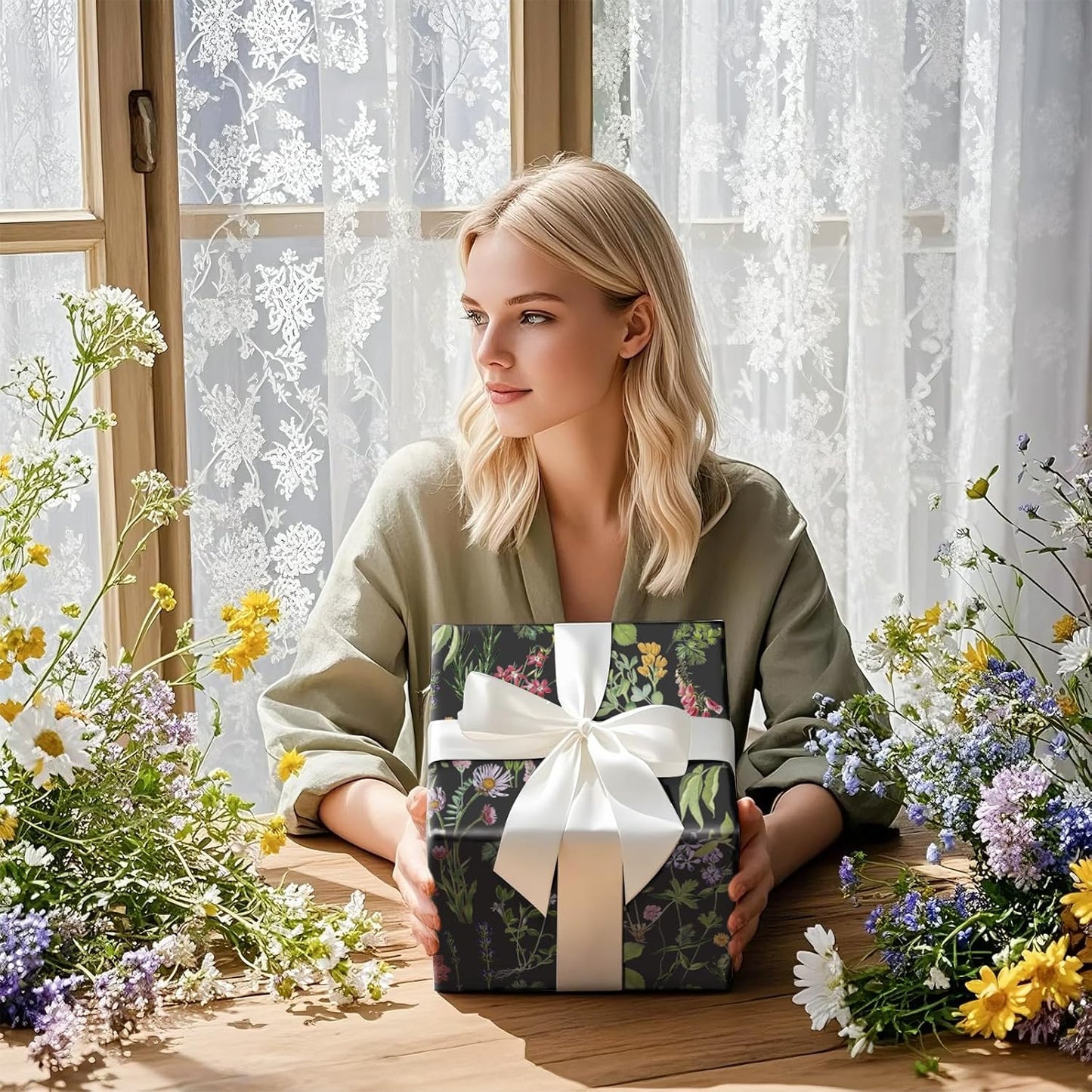 RUSPEPA Wild Flower Wrapping Paper Roll for Women Girls, Mini Roll, Elegant Black Floral Design Gift Wrap Paper Perfect for Birthday, Bridal Shower, Spring, Wedding, Mother's Day, 17 Inch x 16.4 Feet